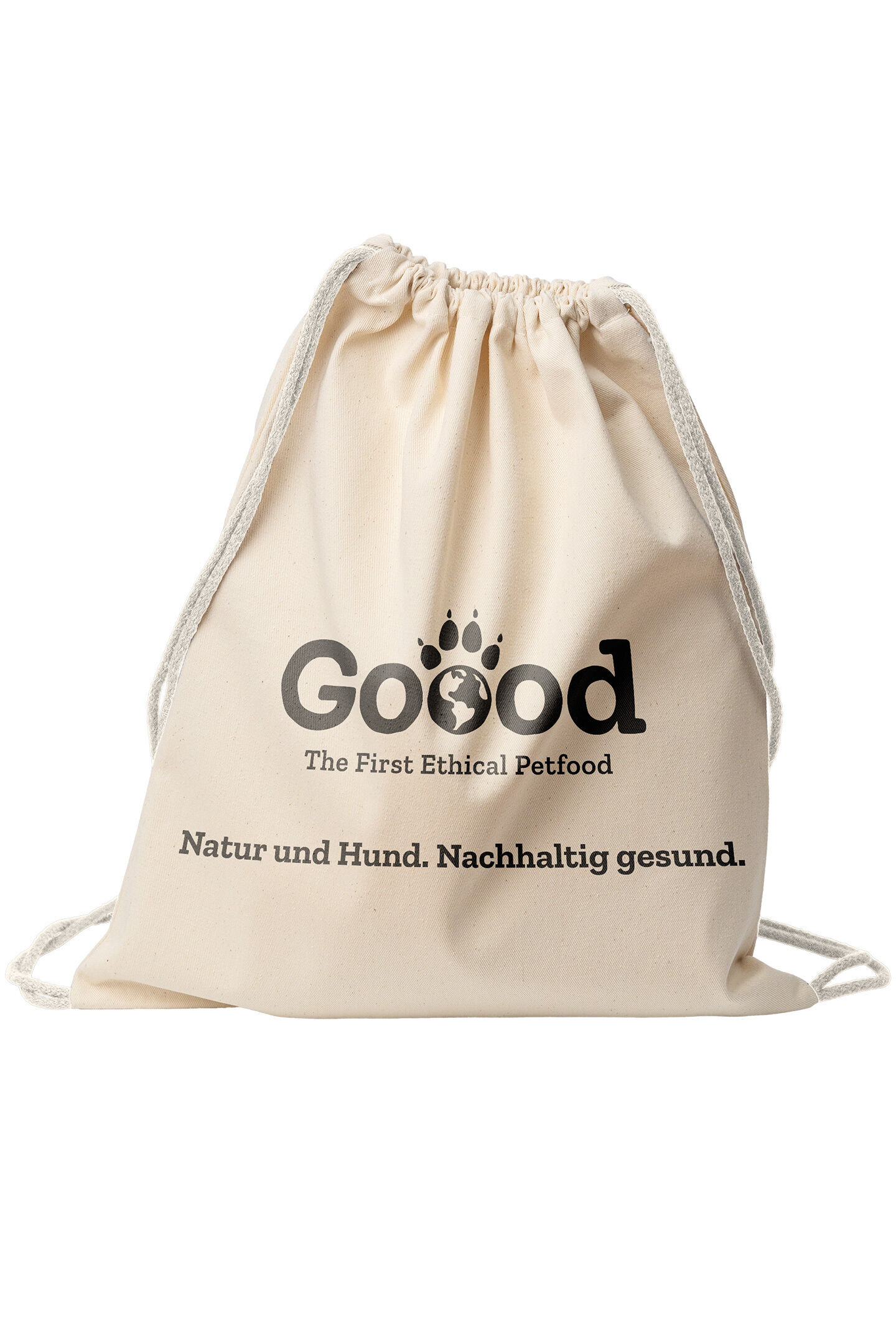 Beiger Kordelzugrucksack mit schwarzem Text: "Good for my dog. Good for our planet." und "Goood" darunter, stilisiert mit einer Erdkugel und Pfotenabdruck.