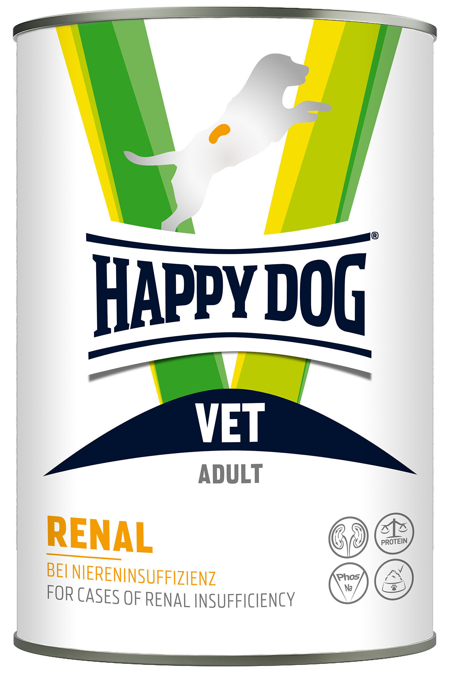 VET Diät Renal nass Dose mit der Aufschrift "HAPPY DOG VET ADULT RENAL BEI NIERENINSUFFIZIENZ FOR CASES OF RENAL INSUFFICIENCY". Enthält Symbole, darunter Protein und Phosphor/Natrium-Reduzierung.