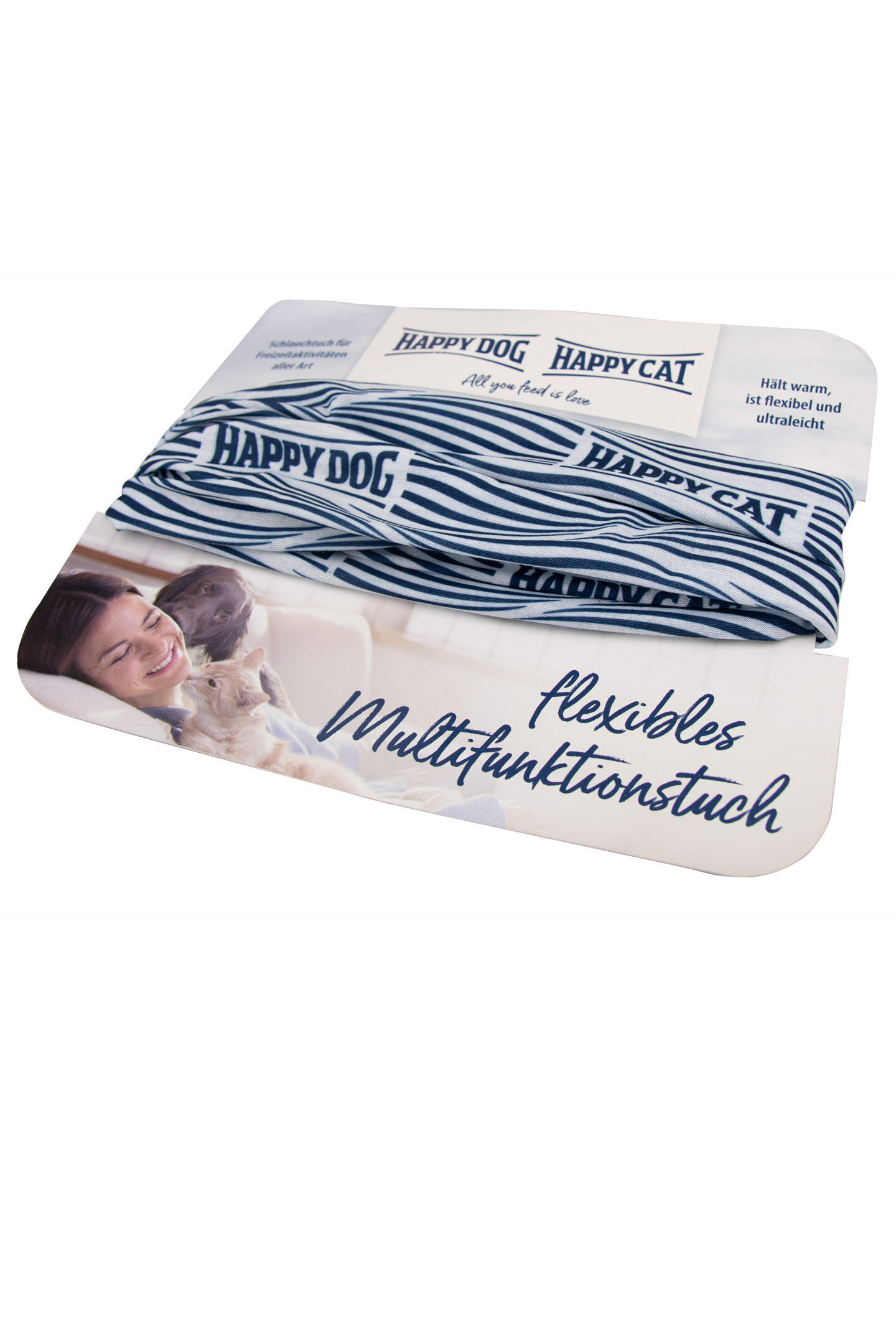 Multifunktionstuch mit blau-weißen Streifen und Logos von "Happy Dog" und "Happy Cat", auf Verpackung mit Text: „Hält warm, ist flexibel und ultraleicht“ sowie „flexibles Multifunktionstuch“.