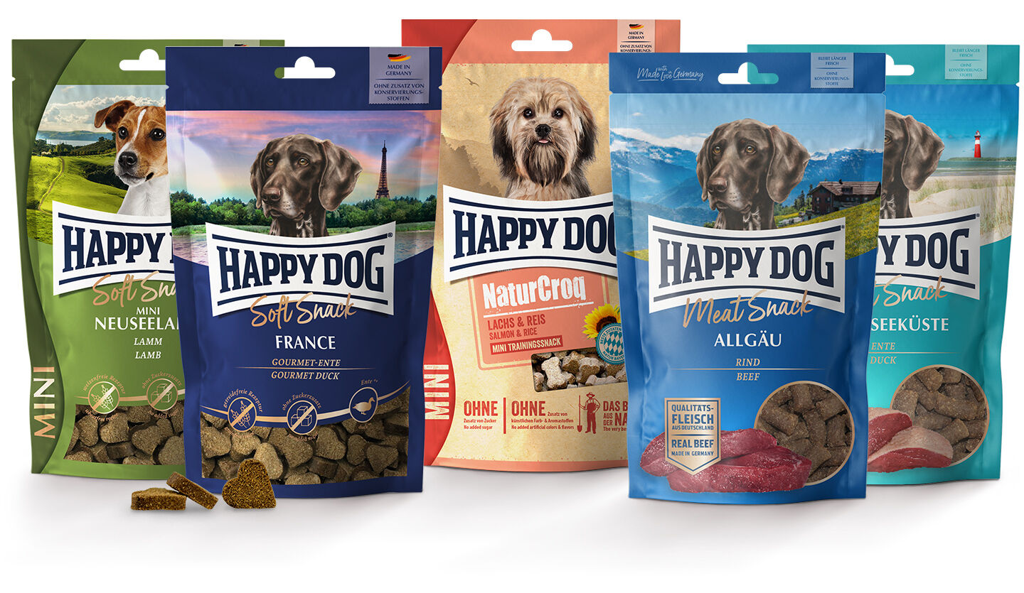 Darstellung von Hundesnacks der Marke Happy Dog.