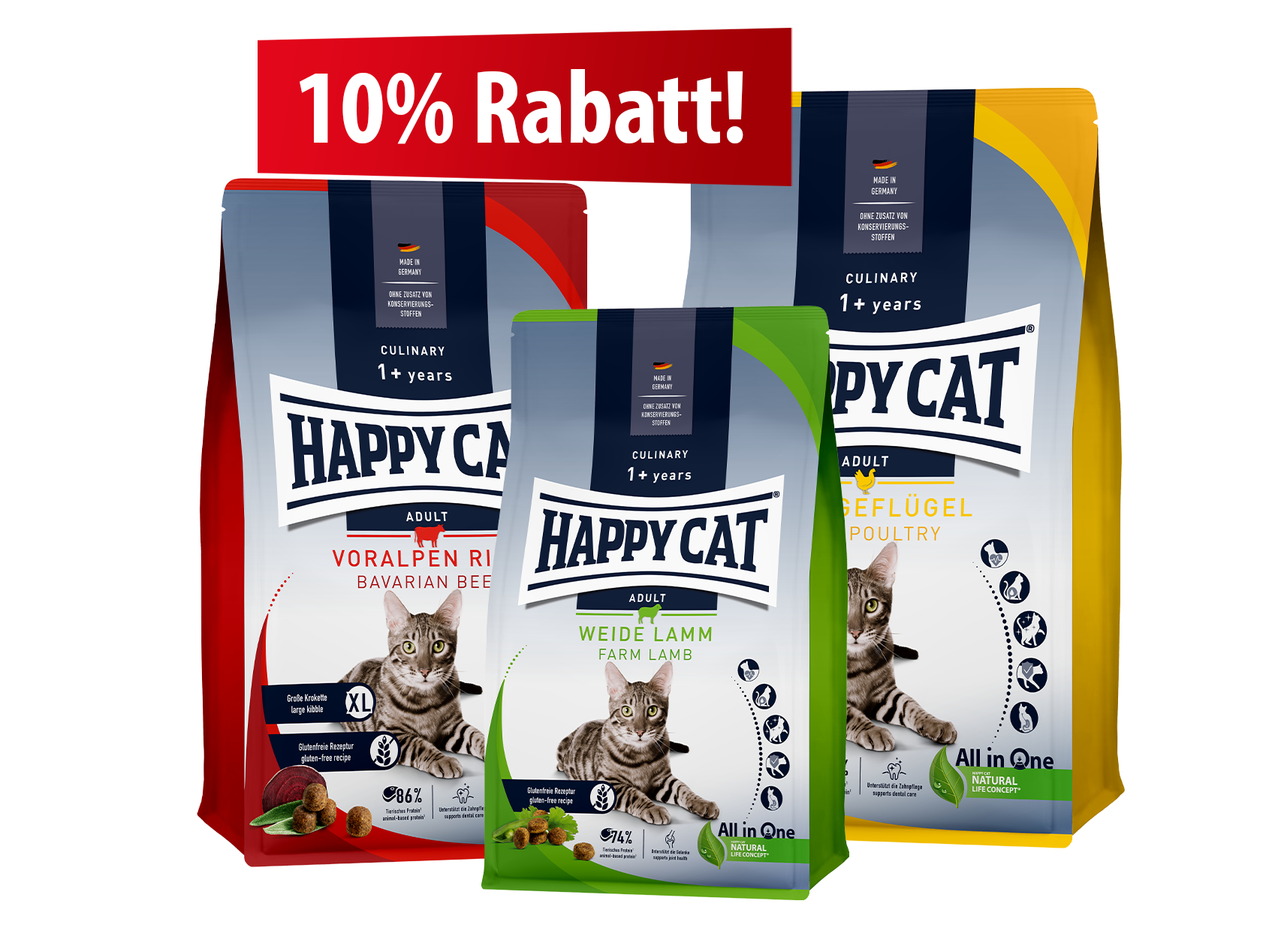 Drei Packungen Happy Cat Katzenfutter sind abgebildet. Die Sorten Voralpen-Rind, Weide-Lamm und Land-Geflügel bieten ein Angebot von 10% Rabatt.