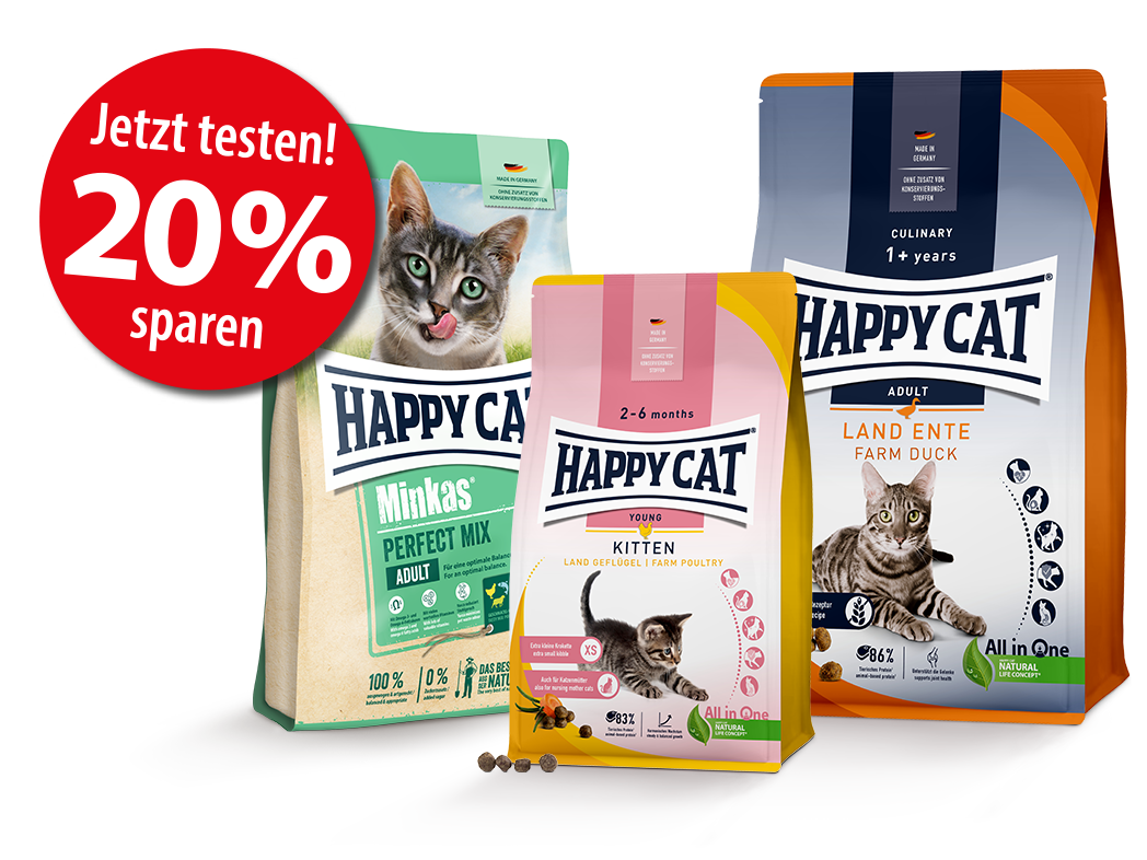 Drei verschiedene Trockenfutterpackungen von Happy Cat mit 20 % Rabatt Sticker