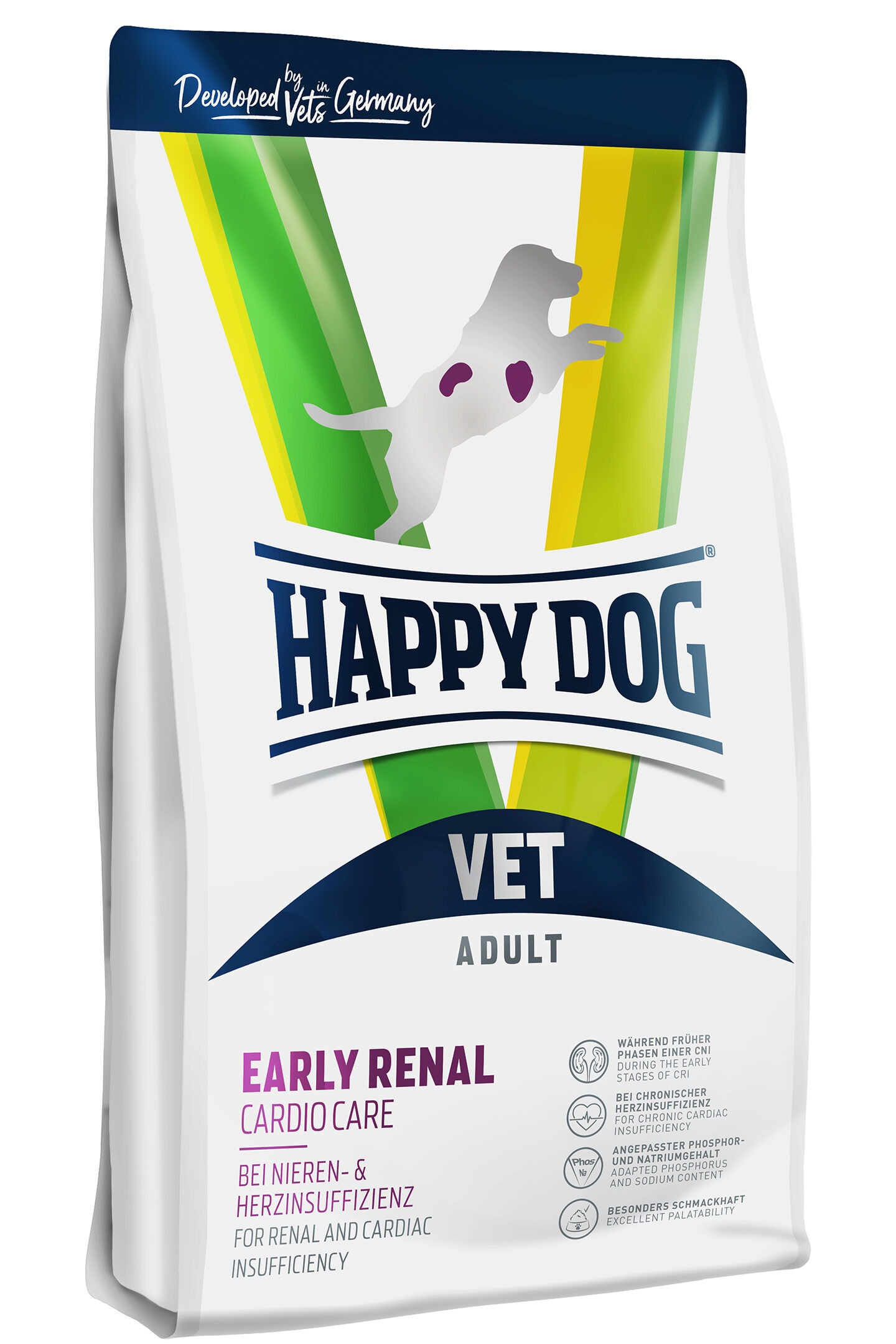 Hundefutter-Verpackung; zeigt Markenname "Happydog", für erwachsene Hunde mit frühen Nieren- und Herzproblemen entwickelt; farbenfrohes Design mit Hundesilhouette. Text: "Early Renal Cardio Care".