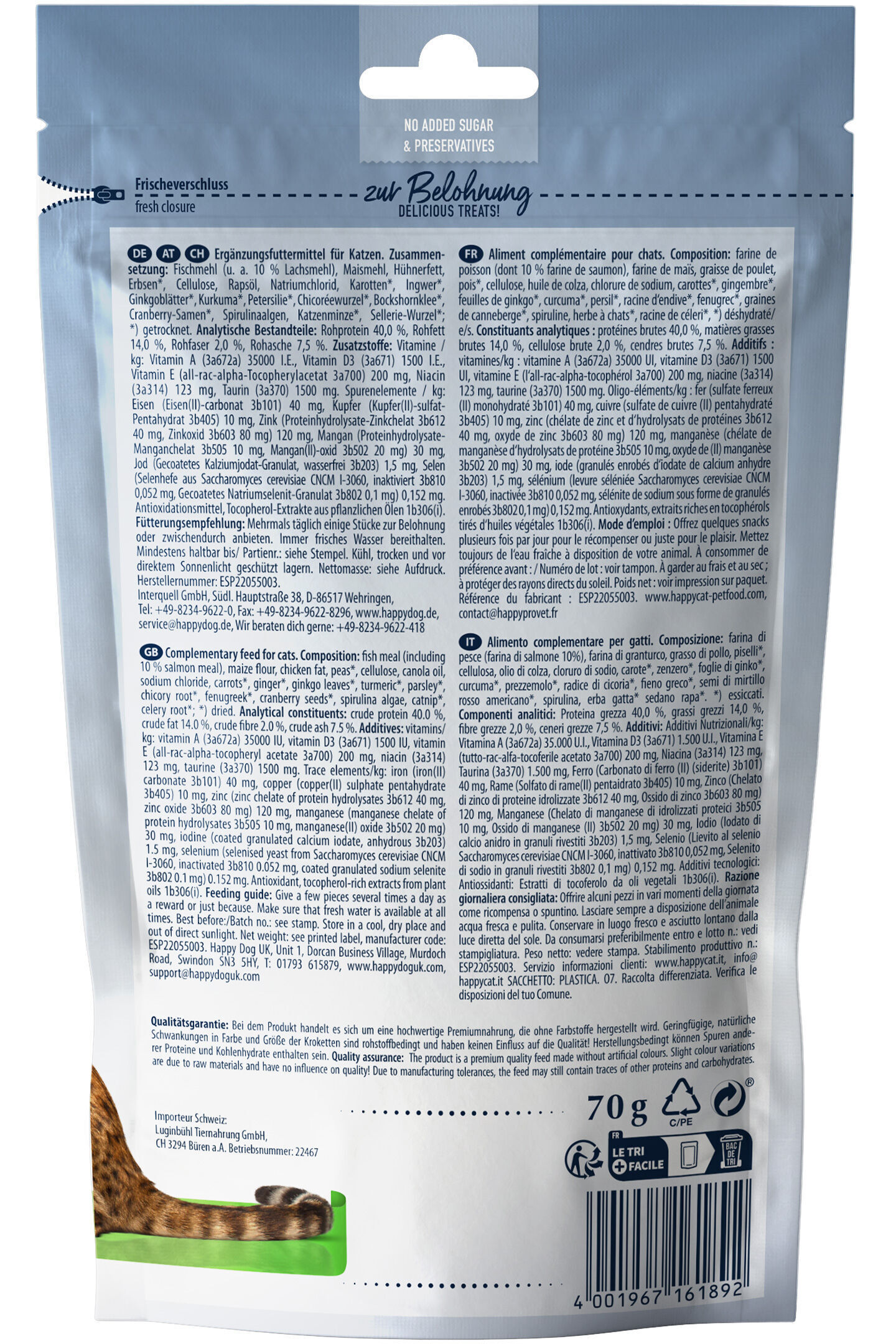 Eine Verpackung mit Text in mehreren Sprachen beschreibt ein Ergänzungsfuttermittel für Katzen, enthält Inhaltsstoffe, analytische Bestandteile und Herstellerinformationen. Gewicht: 70g.
