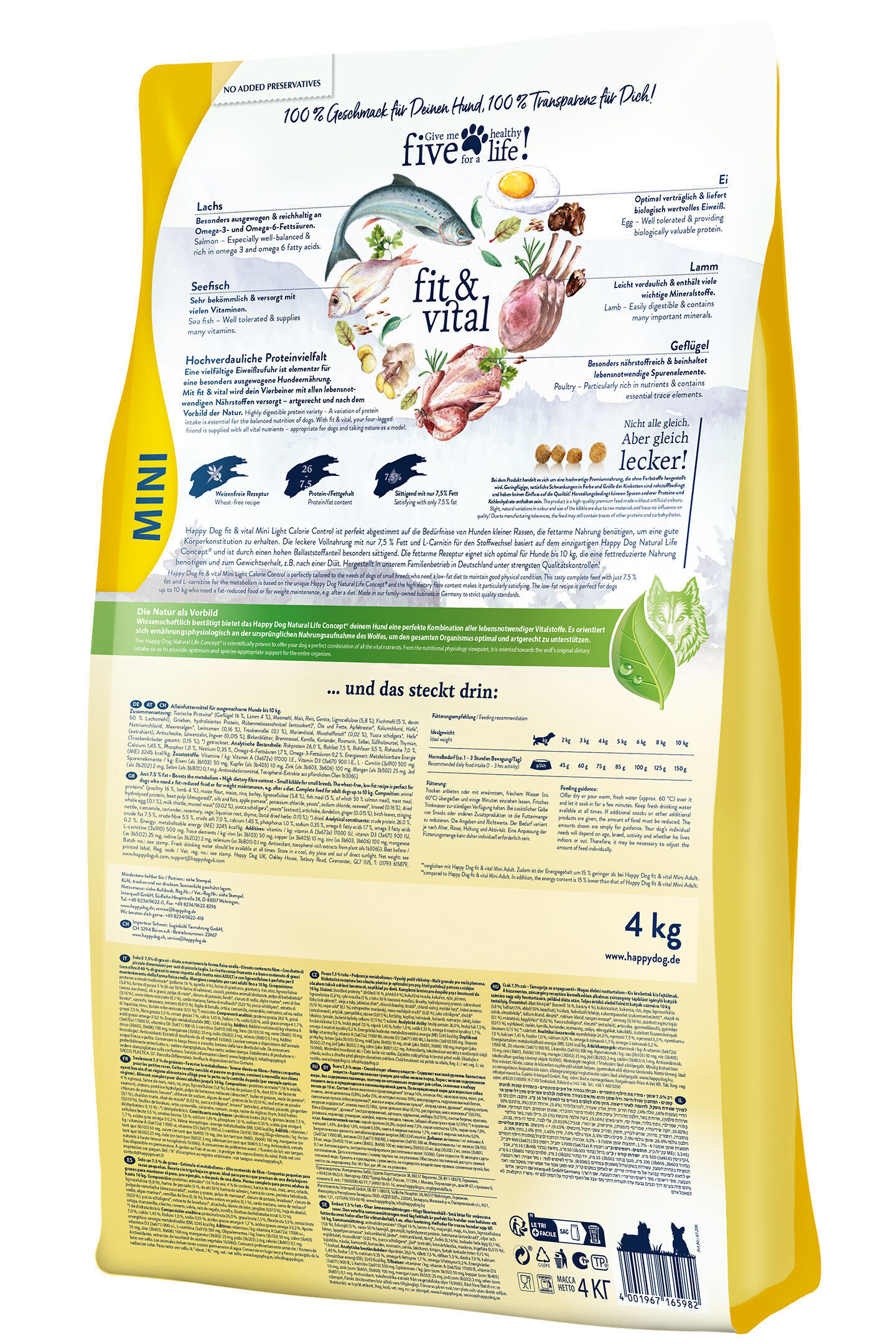 Verpackung für Hundefutter der Marke Happydog. Enthält Text über Inhaltsstoffe wie Lachs und Seefisch, und Hinweise zur Fütterungsmengenempfehlung. Gewicht: 4 kg. Webseite: www.happydog.de