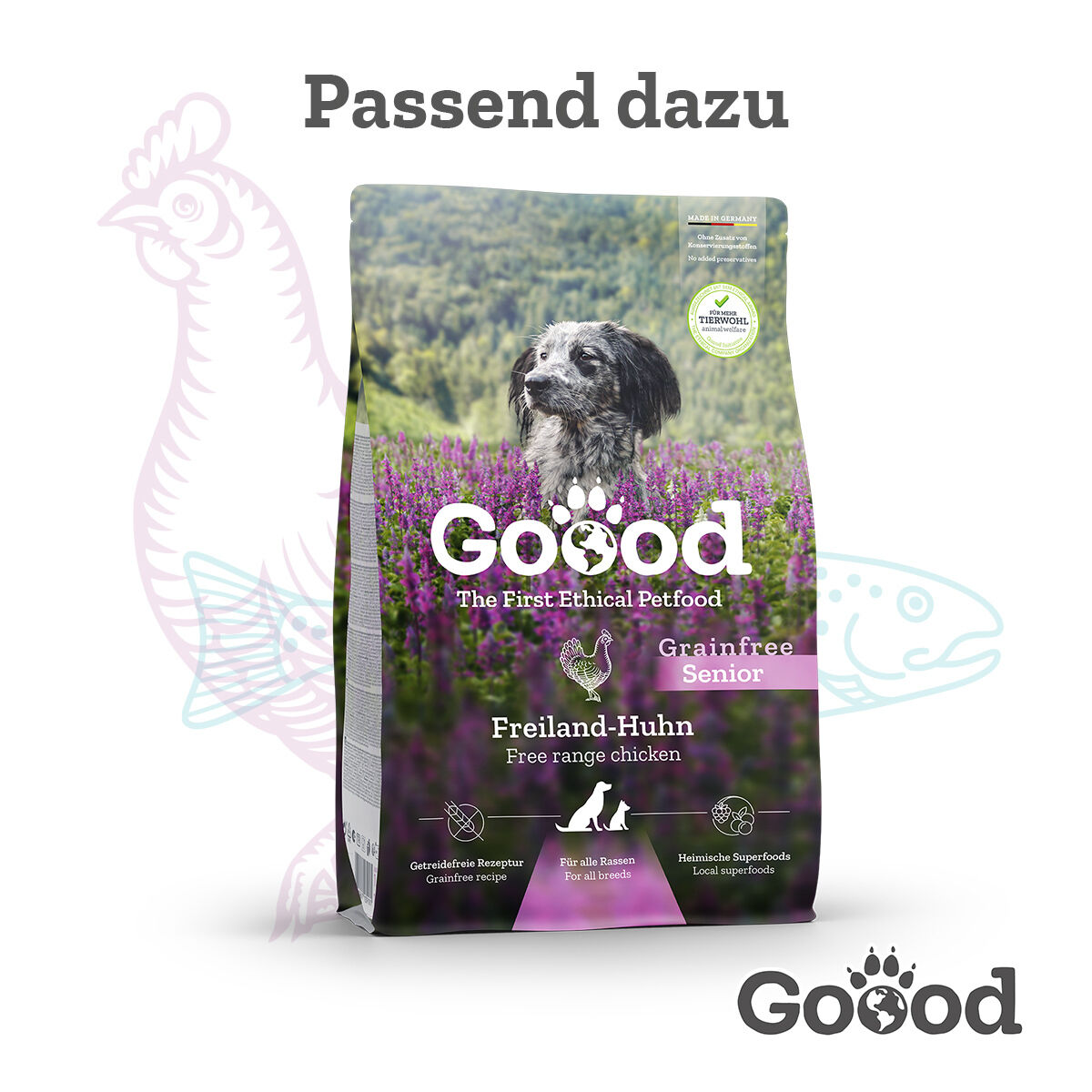 Hunde-Trockenfutterpackung von Goood; zeigt Verpackungsdetails, lila Hintergrund mit Blumenlandschaft; Textelemente beinhalten "Passend dazu", „Freiland-Huhn“, „Grainfree“, „Senior“, „Für alle Rassen", "Heimische Superfoods".