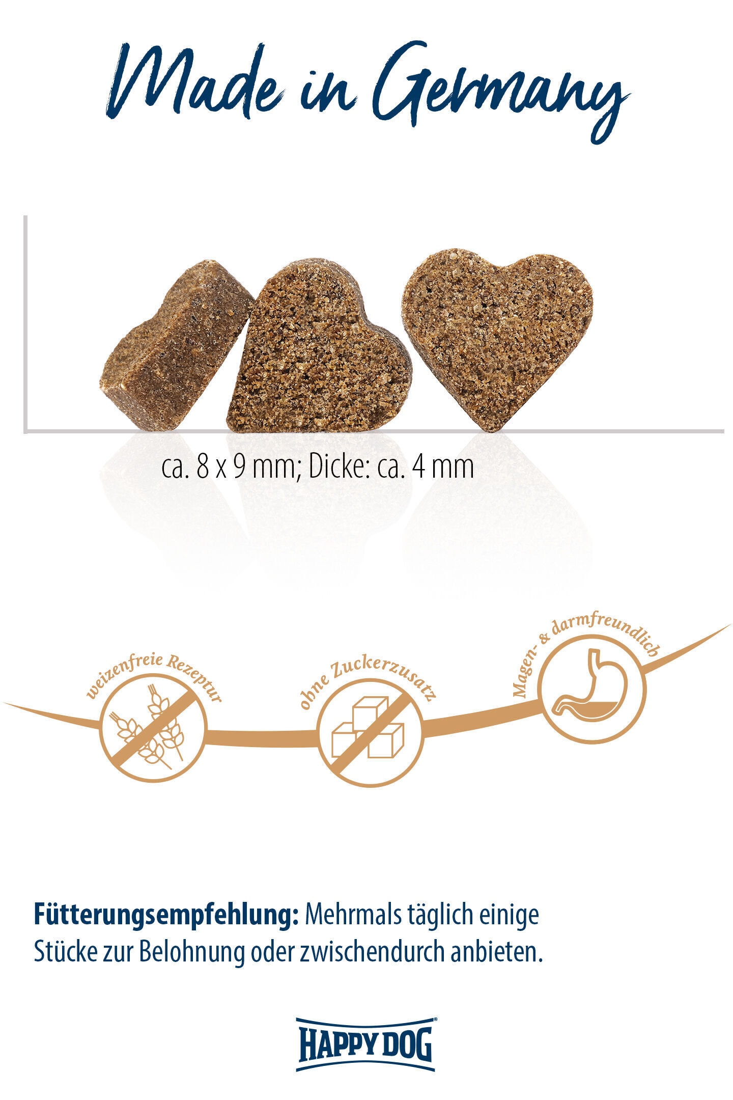 Herzförmige Hundeleckerlis, etwa 8x9 mm groß, aus weizenfreier Rezeptur ohne Zuckerzusatz. Empfehlung: Mehrmals täglich als Belohnung von Happydog geben. Hergestellt in Deutschland.