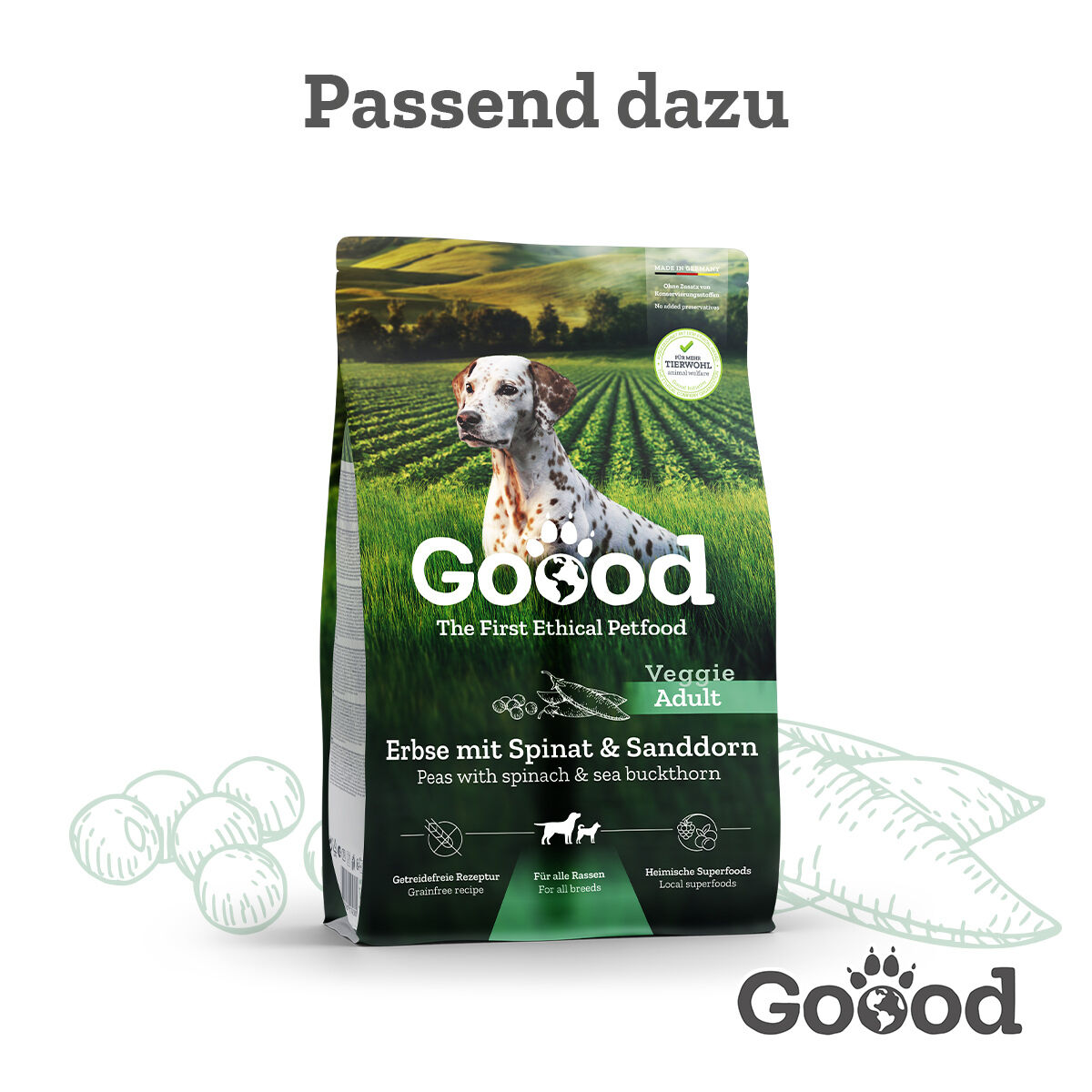 Hundefutterpackung auf weißem Hintergrund, zeigt Dalmatiner vor Feldern. Beschriftung: „Goood – The First Ethical Petfood, Veggie Adult, Erbse mit Spinat & Sanddorn“.