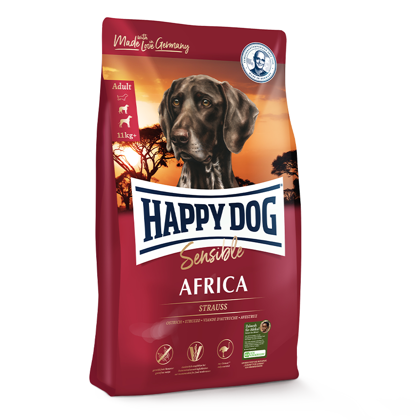Produktverpackung von Happy Dog Sensible in der Sorte Africa.