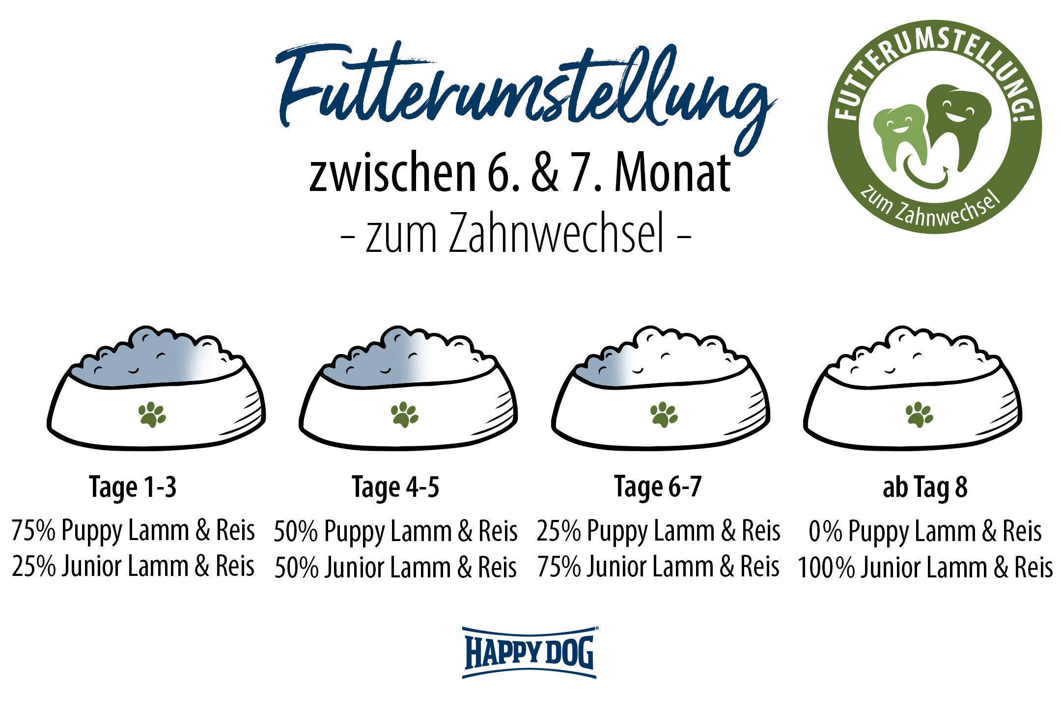 Vier Hundenäpfe mit Futterumstellungsplan von Puppy- zu Juniorfutter für Hunde 6.–7. Monat (Zahnwechsel). Text zeigt prozentuale Anteile der Sorten „Lamm & Reis“ für Tage 1–3, 4–5, 6–7 und ab Tag 8. Happydog-Logo sichtbar.