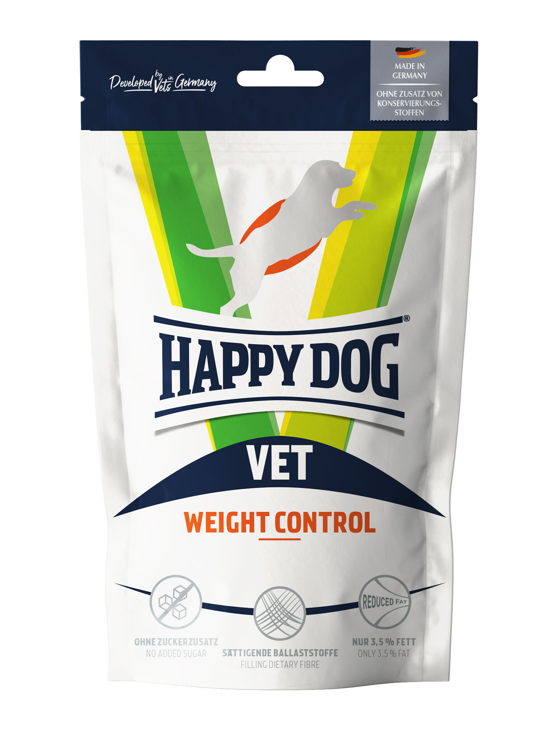 VET Snack Weight Control Verpackung von Happydog-VET Futter, mit springendem Hund, "Weight Control" Text, ohne Zuckerzusatz, ballaststoffreich, fettarm. Entwickelt in Deutschland, ohne Konservierungsstoffe.