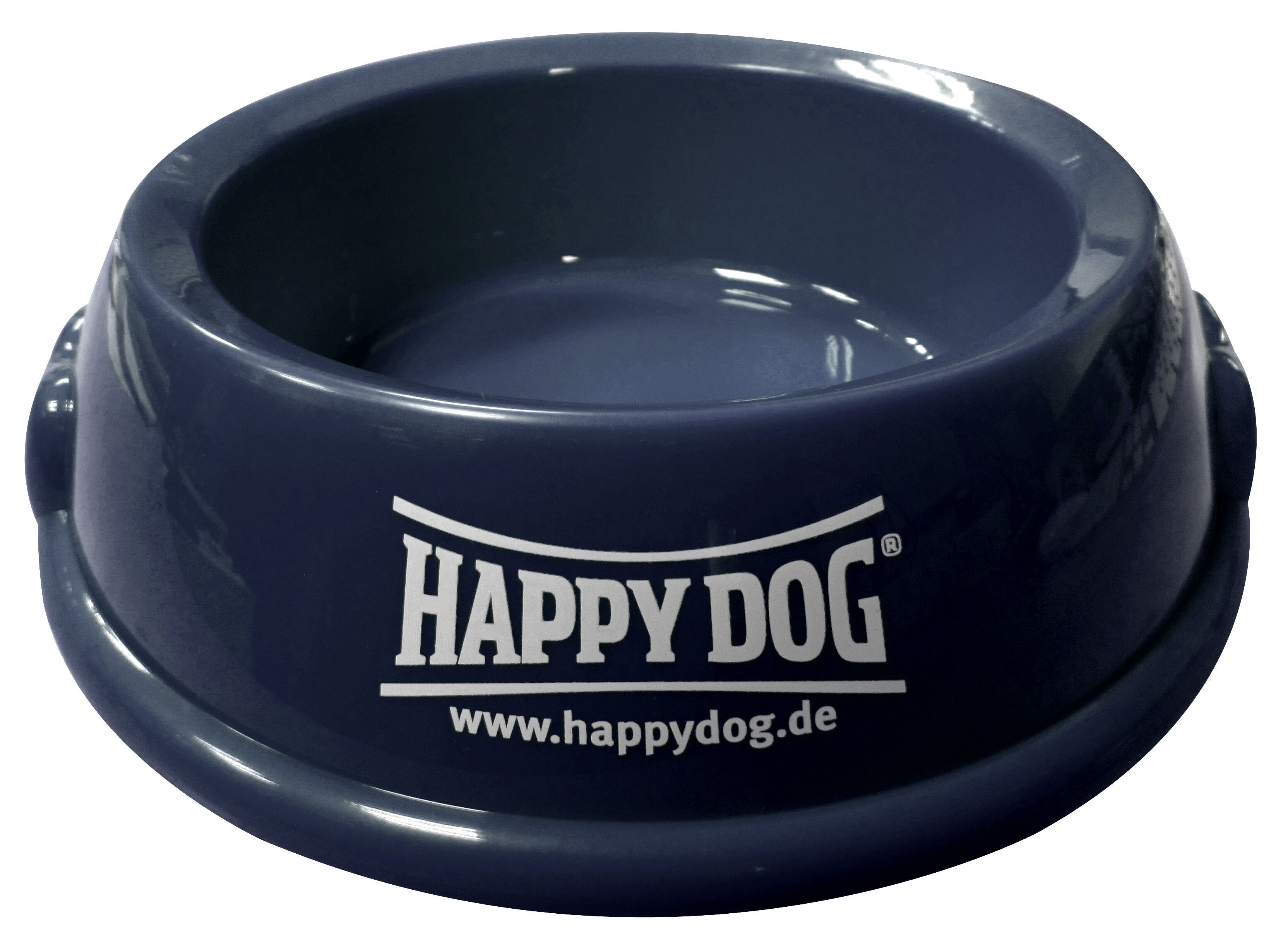 Blauer Futternapf mit "HAPPY DOG"-Logo und Website-Aufschrift steht leer auf einer Oberfläche.