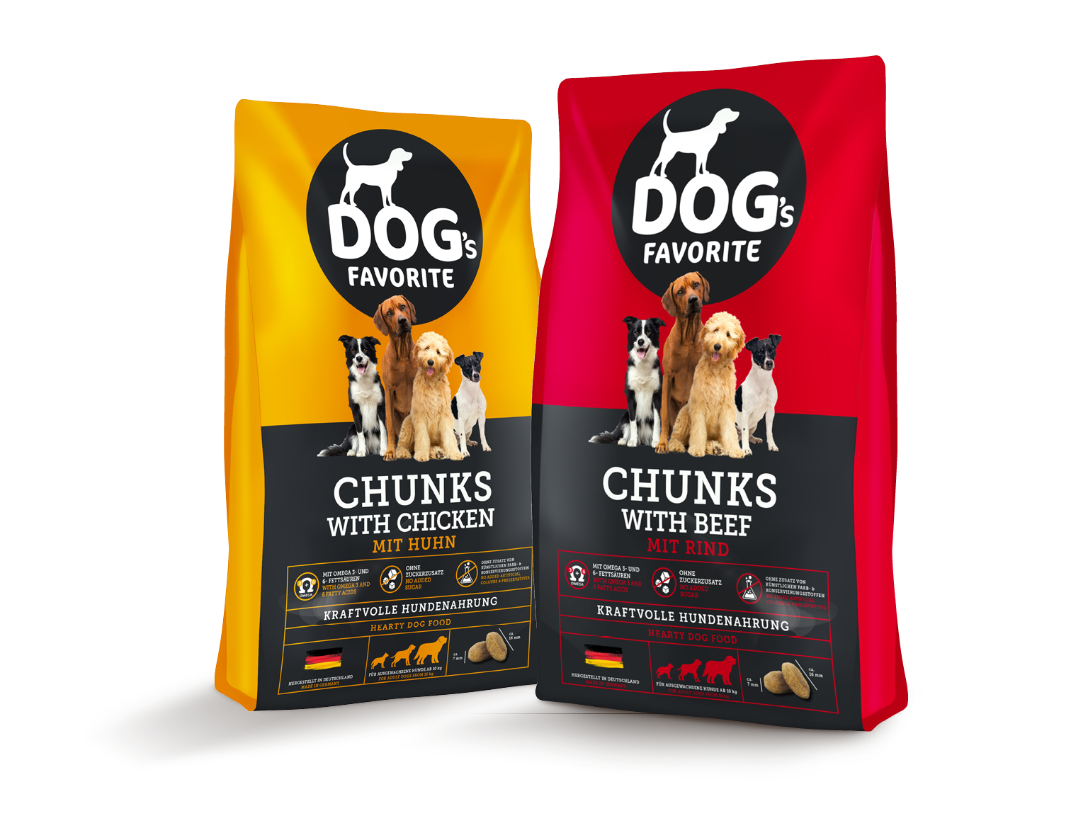 Produktverpackungen von Dogs Favorite Chunks in den Sorten Chicken und Beef.