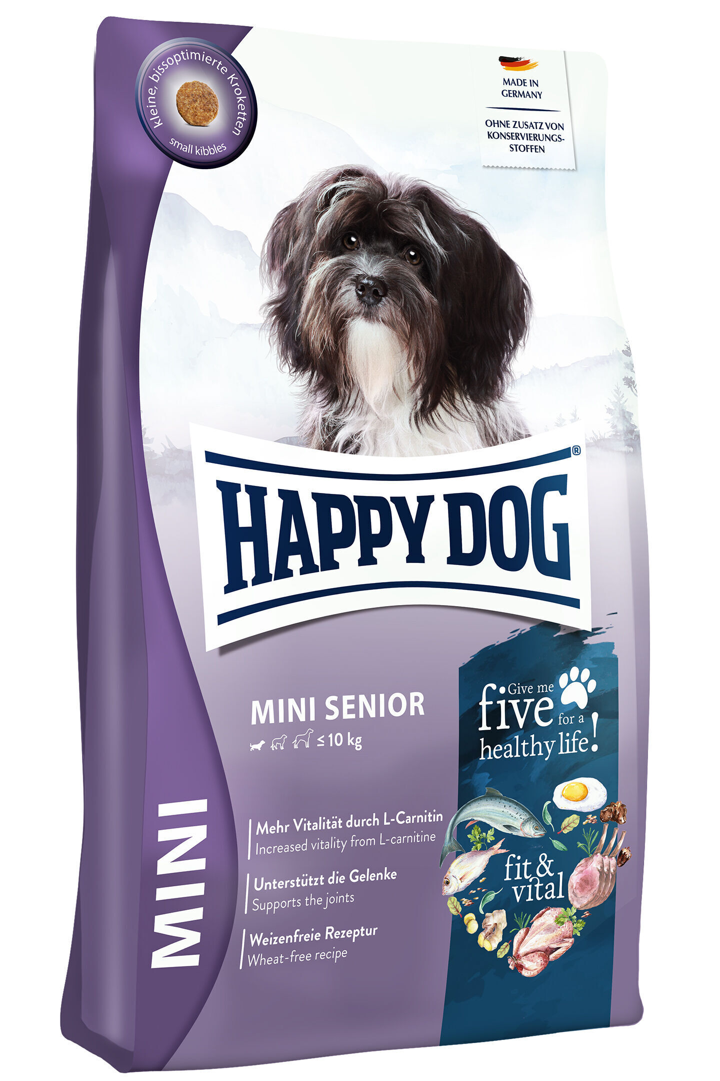 Hundefutterpackung von Happydog mit Bild eines kleinen Hundes, beschriftet mit „Mini Senior“, „für Hunde ≤ 10 kg“, „mehr Vitalität durch L-Carnitin“ und „weizenfreie Rezeptur“.