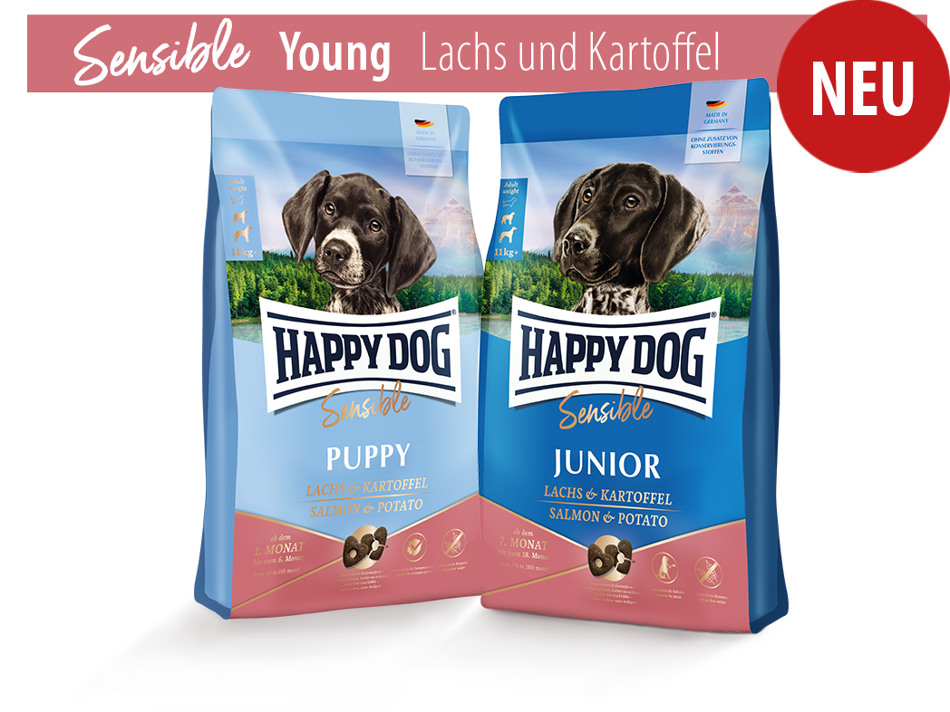 Darstellung der Designänderung der Produktverpackung von Young Sensible Hundefutter von Happy Dog.