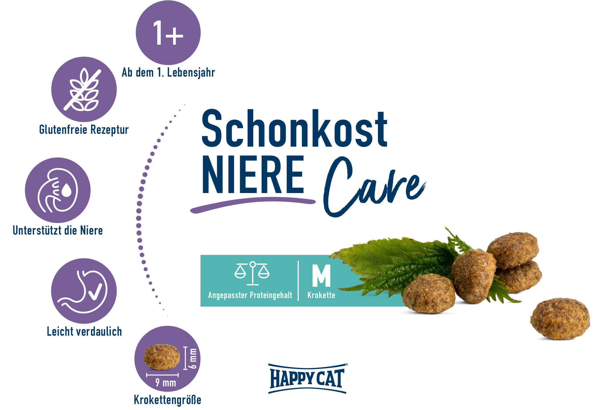 Trockenfutterkroketten, begleitet von Text "Schonkost NIERE Care", glutenfreie Rezeptur, unterstützt Niere, leicht verdaulich, ab 1. Lebensjahr.