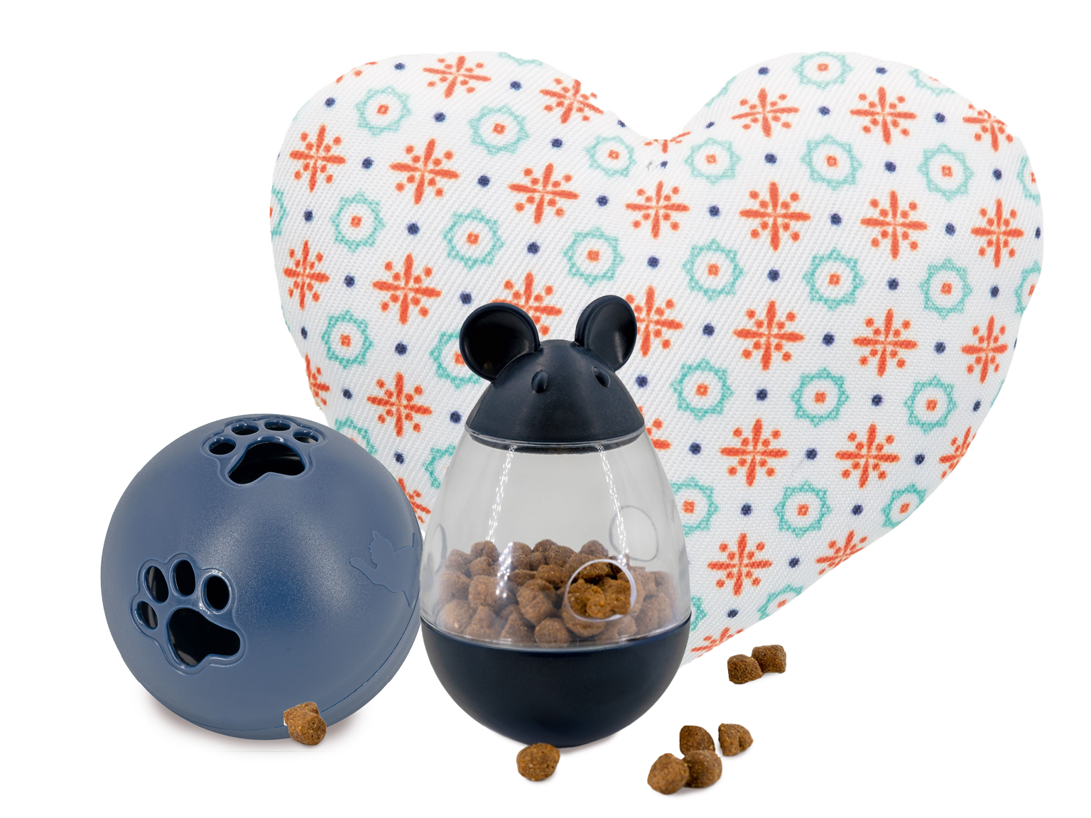 Zubehör der Marke Happy Cat, wie ein Snackball oder ein Catnip Herz sind abgebildet.