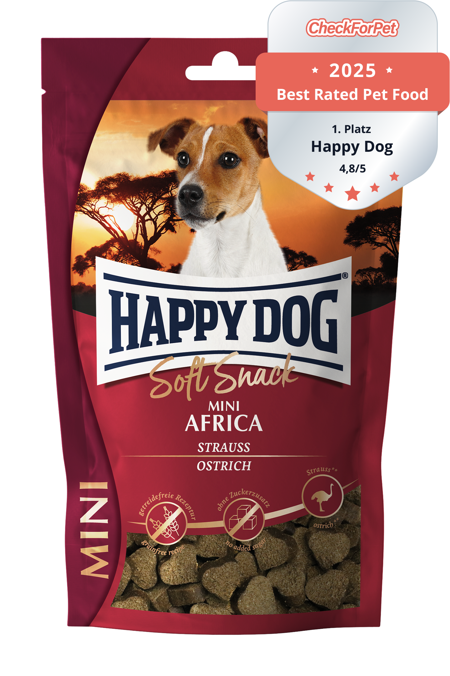 Verpackung mit Hundefutter der Marke Happydog, zeigt einen Hund vor einem Sonnenuntergang in der Savanne. Text: „Soft Snack Mini Africa Strauss Ostrich, Made in Germany, Ohne Zusatz von Konservierungsstoffen“.