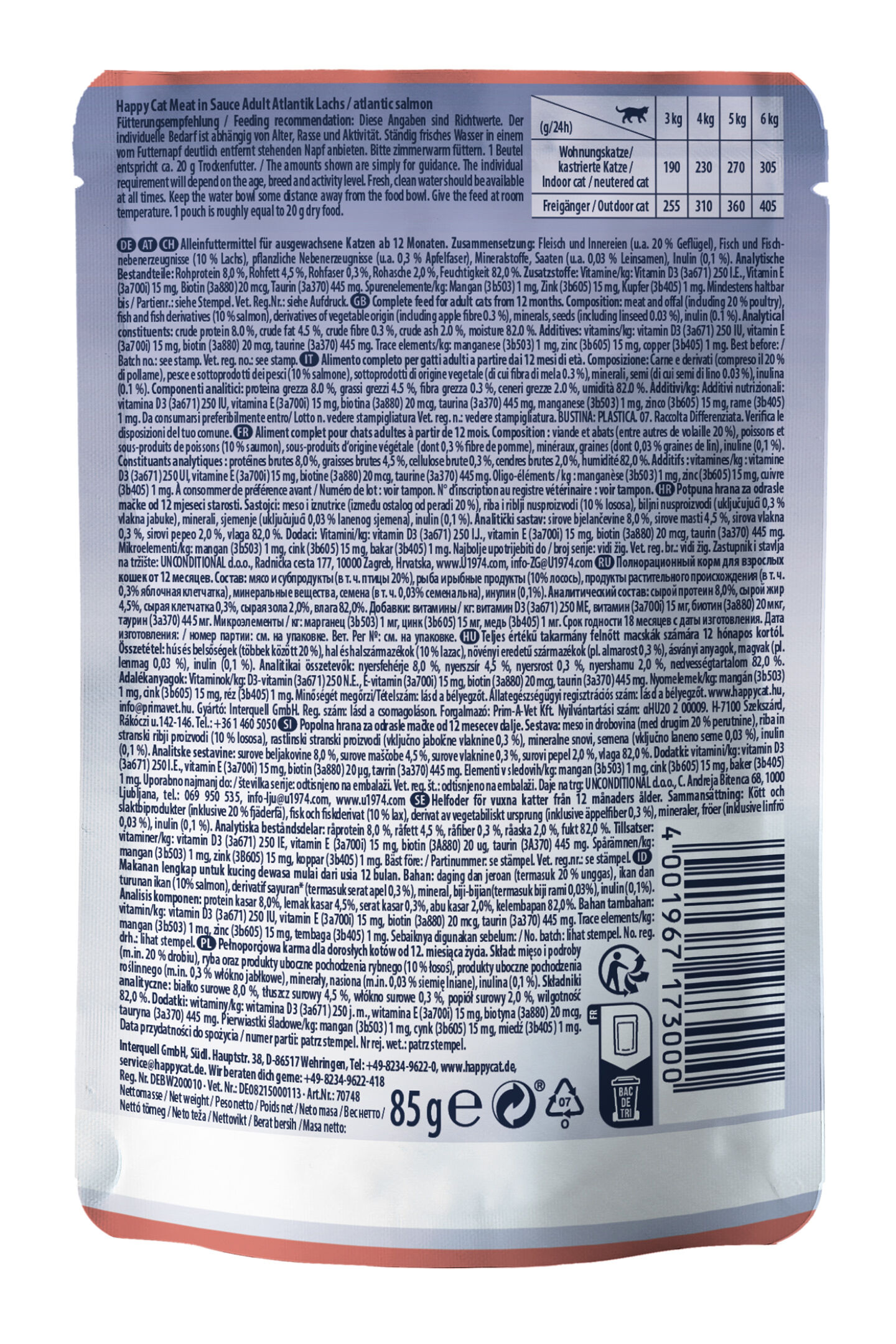 Verpackung von Happycat Katze Futter mit detaillierten Fütterungshinweisen, Inhaltsstoffen, analytischen Bestandteilen und Herstellerinformationen. Enthält Texte in mehreren Sprachen, Nettogewicht 85 g.