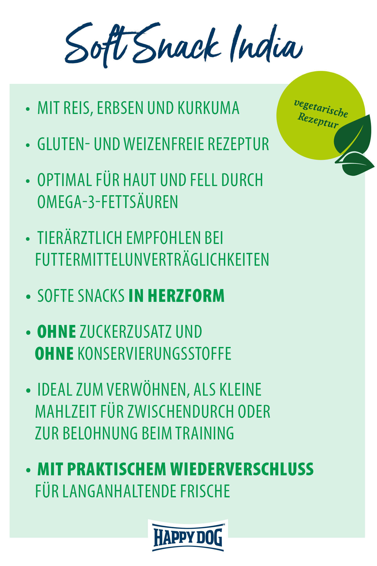 Etikett zeigt "Soft Snack India" von Happydog. Vegetarische Rezeptur, herzförmige Snacks mit Reis, Erbsen, Kurkuma. Glutenfrei, optimiert für Haut und Fell, ohne Zuckerzusatz und Konservierungsstoffe.