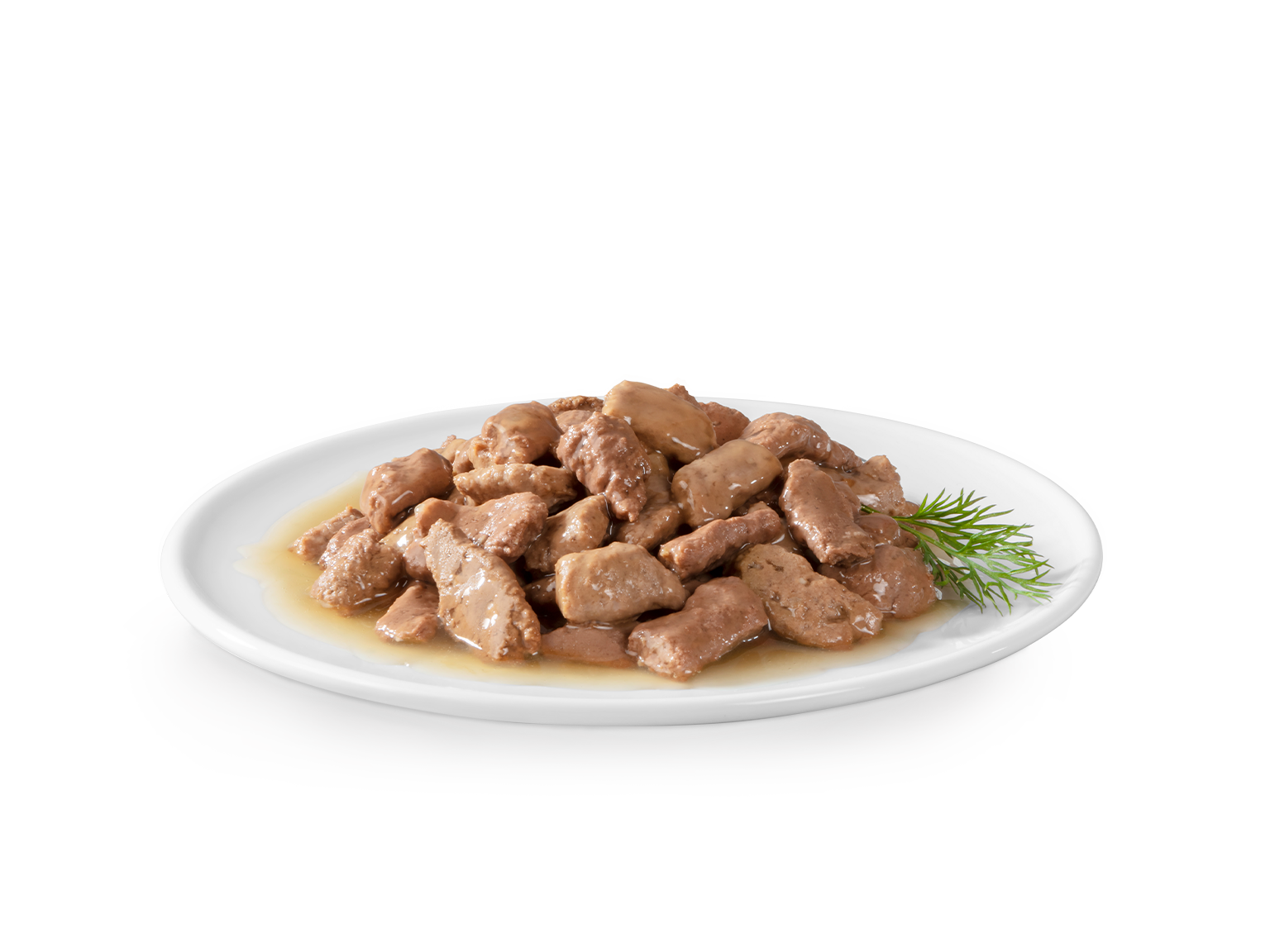 Happy Cat Meat in Sauce Nassfutter angerichtet auf einem flachen weißen Teller und mit etwas Grün garniert