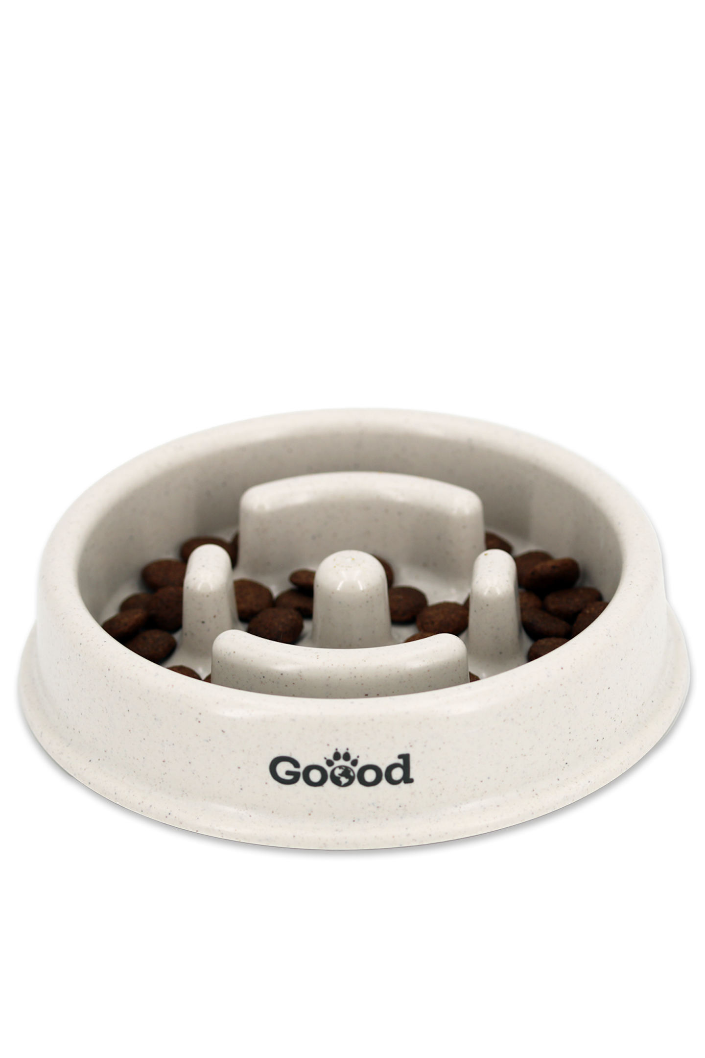 Futternapf mit der Aufschrift "Goood" beinhaltet braune Trockenfutterstücke, gestaltet mit Hindernissen, um langsames Fressen zu fördern.
