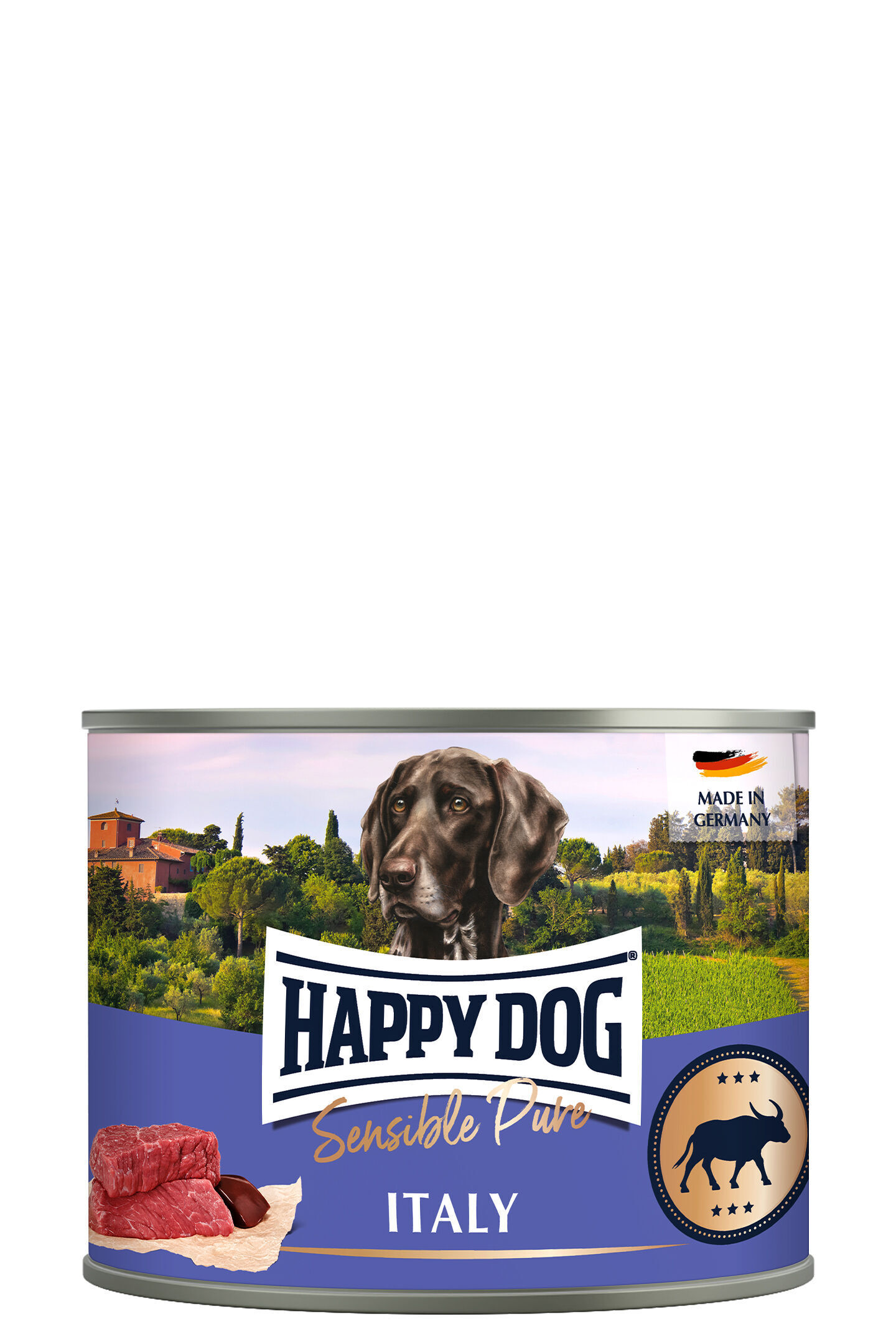 Dose mit Hundebild, Text "HAPPY DOG Sensible Pure ITALY", Landschaftshintergrund, Fleischabbildung. Markenname "Happydog" hervorgehoben. Herkunft "MADE IN GERMANY".