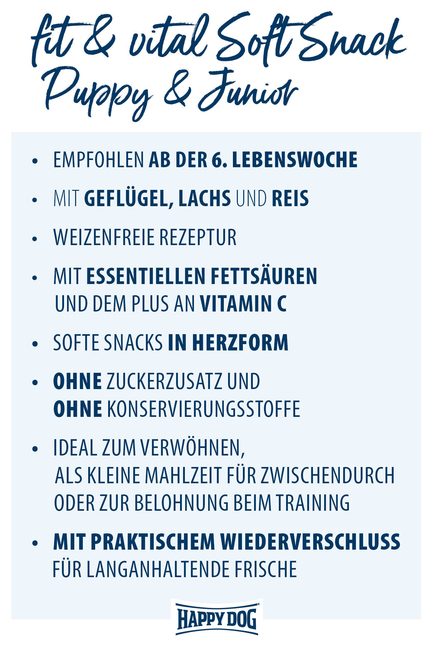 Happydog fit & vital Soft Snack Puppy & Junior. Details: ab 6. Woche, Geflügel, Lachs, Reis, weizenfrei, mit essentiellen Fettsäuren und Vitamin C, herzförmig, ohne Zuckerzusatz und Konservierungsstoffe, ideal als Snack, mit Wiederverschluss.