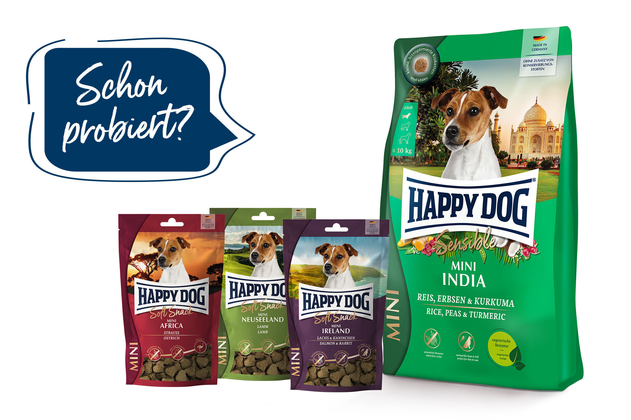 Das Bild zeigt vier Packungen Happydog Hundefutter vor einer Sprechblase mit dem Text „Schon probiert?“ auf weißem Hintergrund.