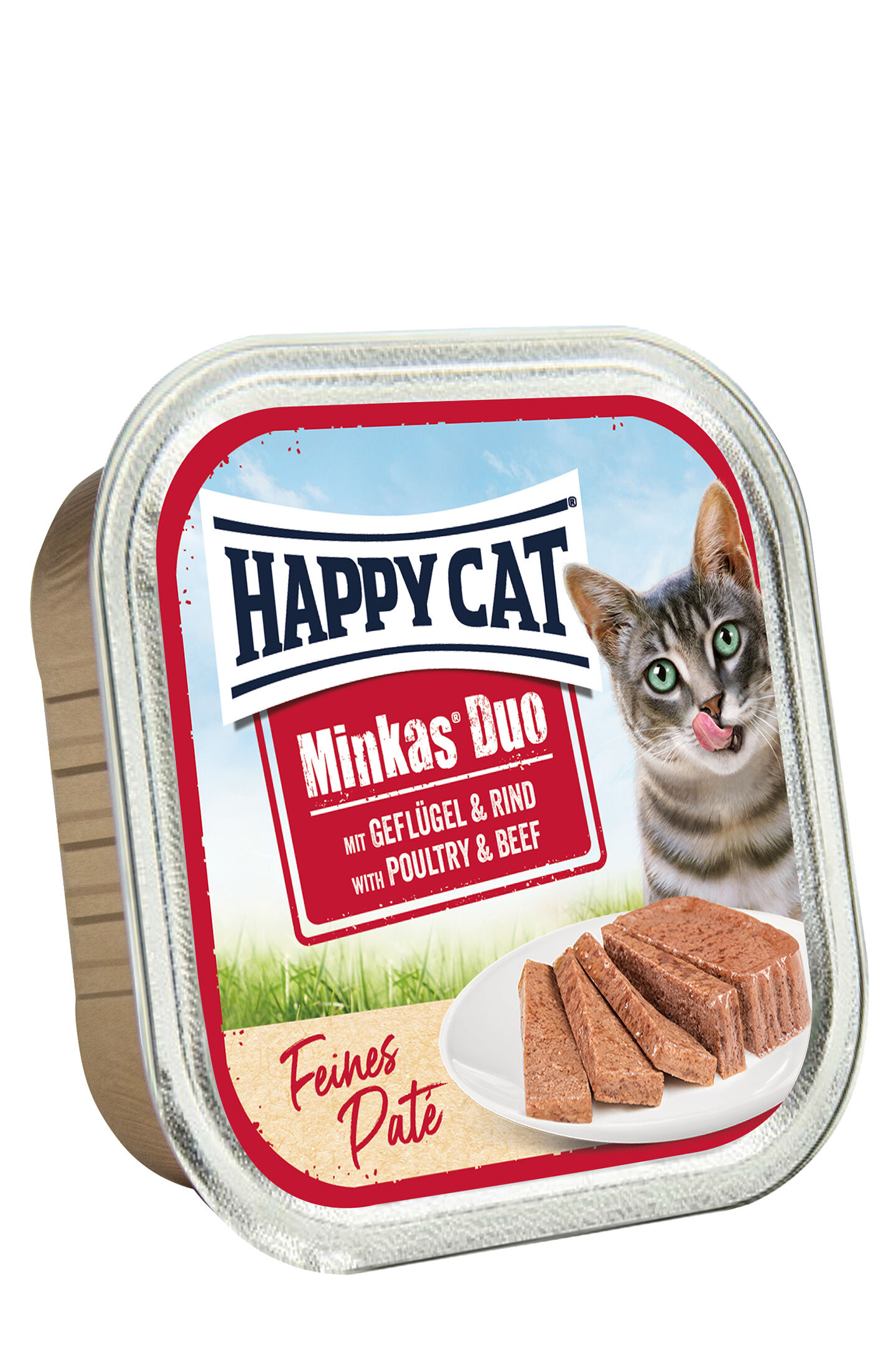 Minkas Duo Poultry & Beef Paté Tierfutterbehälter mit "Happydog"-Logo zeigt Bild von Katze neben Pâté-Stückchen, Text: "Happy Cat Minka's Duo mit Geflügel & Rind."