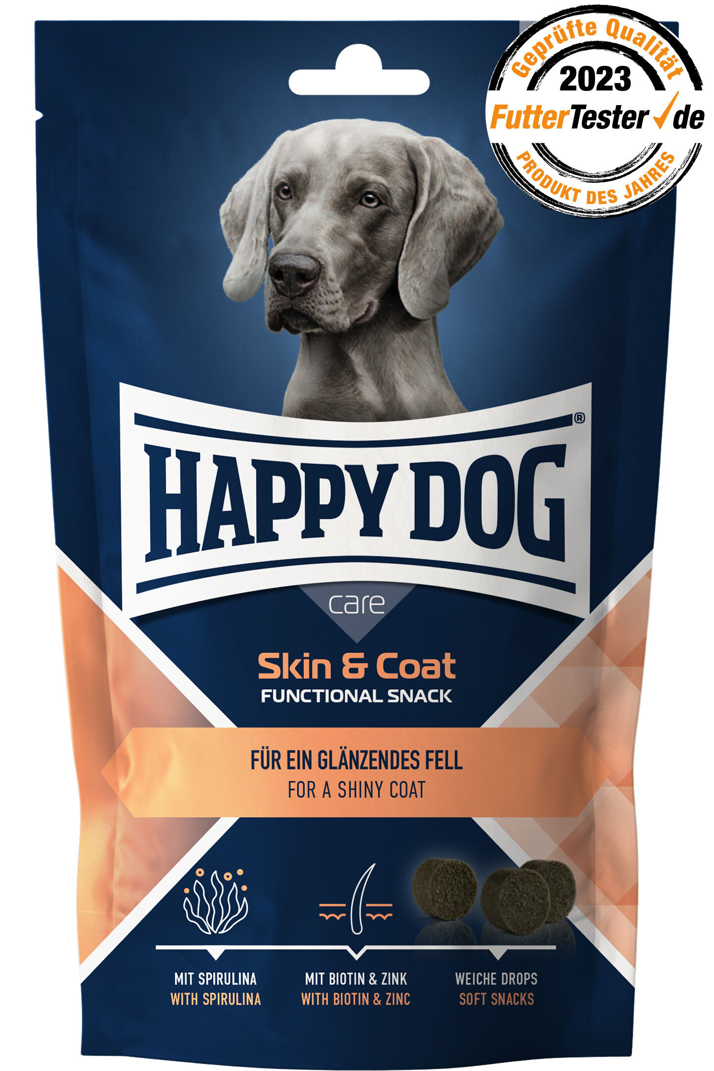 Care Snack Skin & Coat Verpackung für Hundefutter von Happy Dog mit Bild eines Hundes, Text "Skin & Coat Functional Snack", "Für ein glänzendes Fell", Siegel "FutterTester.de 2023 Produkt des Jahres".