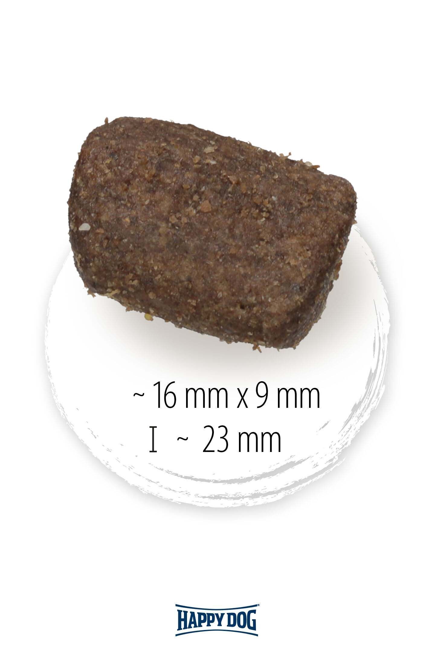 Krokette - zeigt Maße von 16 mm x 9 mm, Länge 23 mm - vor weißem Hintergrund, "Happydog" Logo darunter.