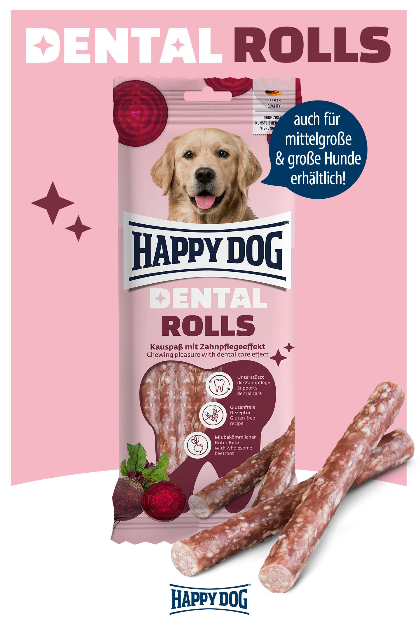 Präsentation der Variante der Dental Rolls Kaustangen von Happy Dog mit Zahnpflegeeffekt für mittelgroße und große Hunde