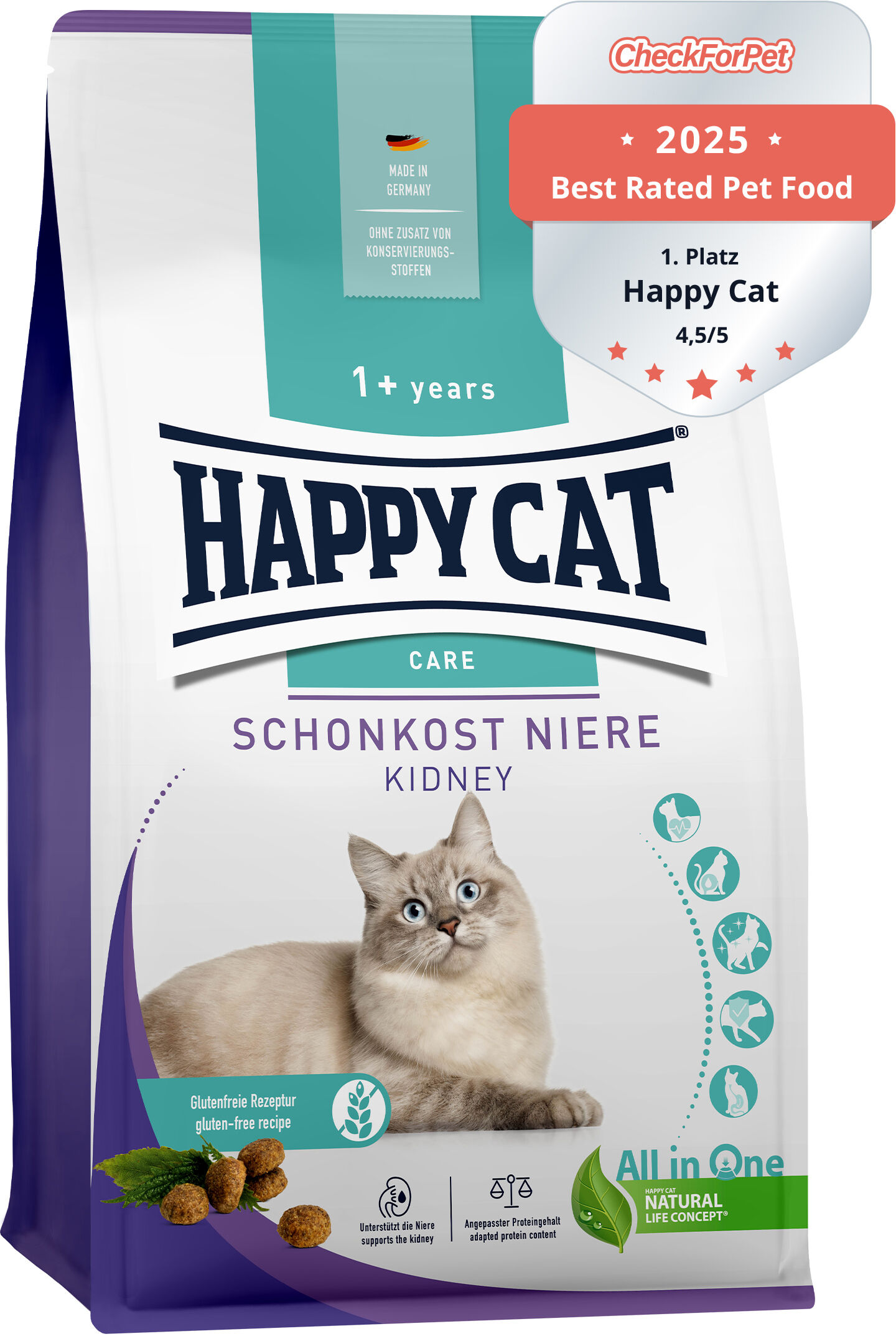 Verpackung von „Happy Cat“ Trockenfutter mit Katzenmotiv, Auszeichnung „Best Rated Pet Food 2023“, glutenfrei, unterstützt Niere, Details zu deutschen Herstellung und Verzicht auf Konservierungsstoffe.