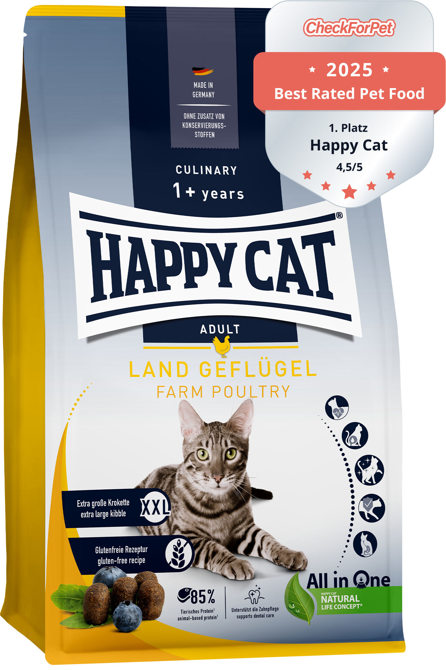 Verpackung für Katzenfutter von Happy Cat, betitelt "Land Geflügel"; zeichnet sich durch glutenfreie Rezeptur und extra große Kroketten aus; enthält Abbildungen von Katzen. Text: "CheckForPet 2023 Best Rated Pet Food 4,7/5 1. Platz Happy Cat".