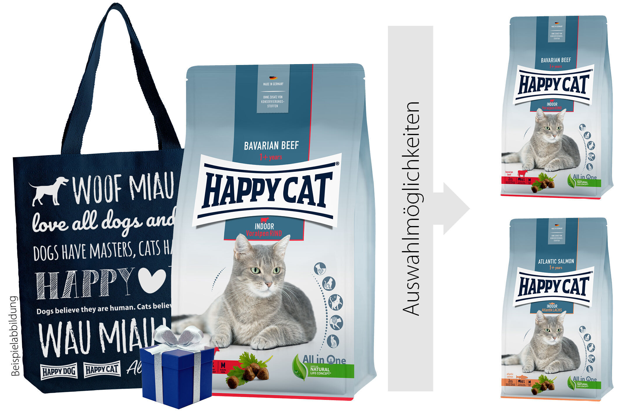 Probiertasche Adult Indoor Tragetasche mit Hunde- und Katzenmotiv, großes Happy Cat Katzenfutterpaket „Bavarian Beef“ davor, kleineres Geschenkpaket; daneben zwei alternative Futtersorten „Bavarian Beef“ und „Atlantic Salmon“.