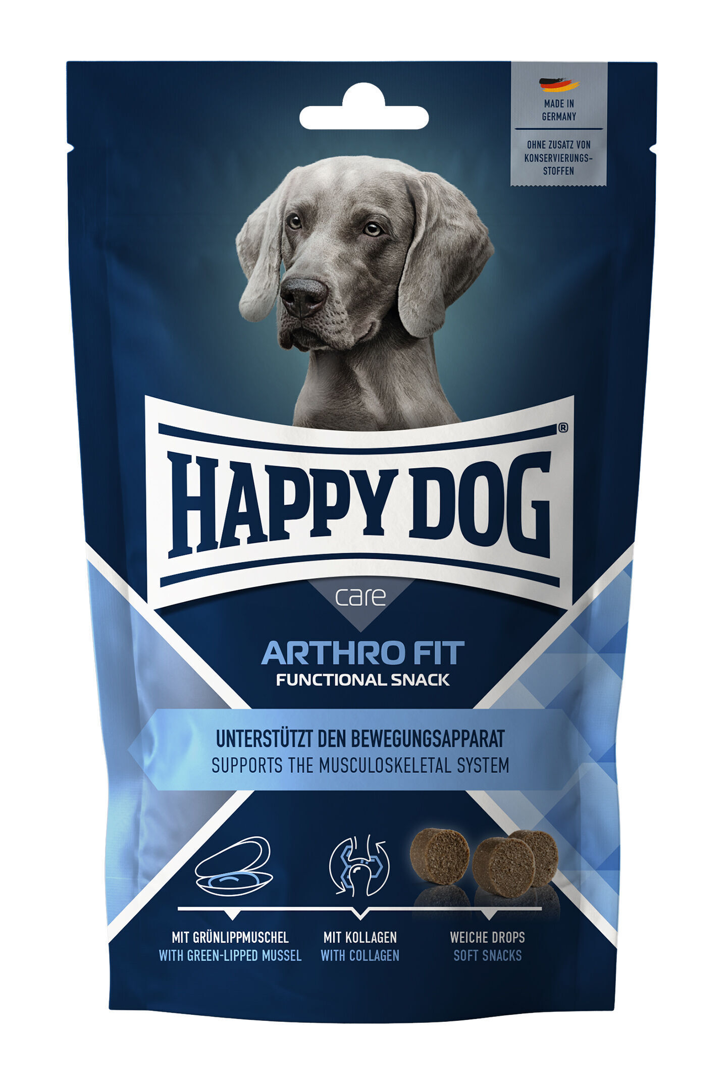Care Snack Arthro Fit Hundesnackverpackung der Marke Happy Dog in der Sorte Care Arthro Fit.