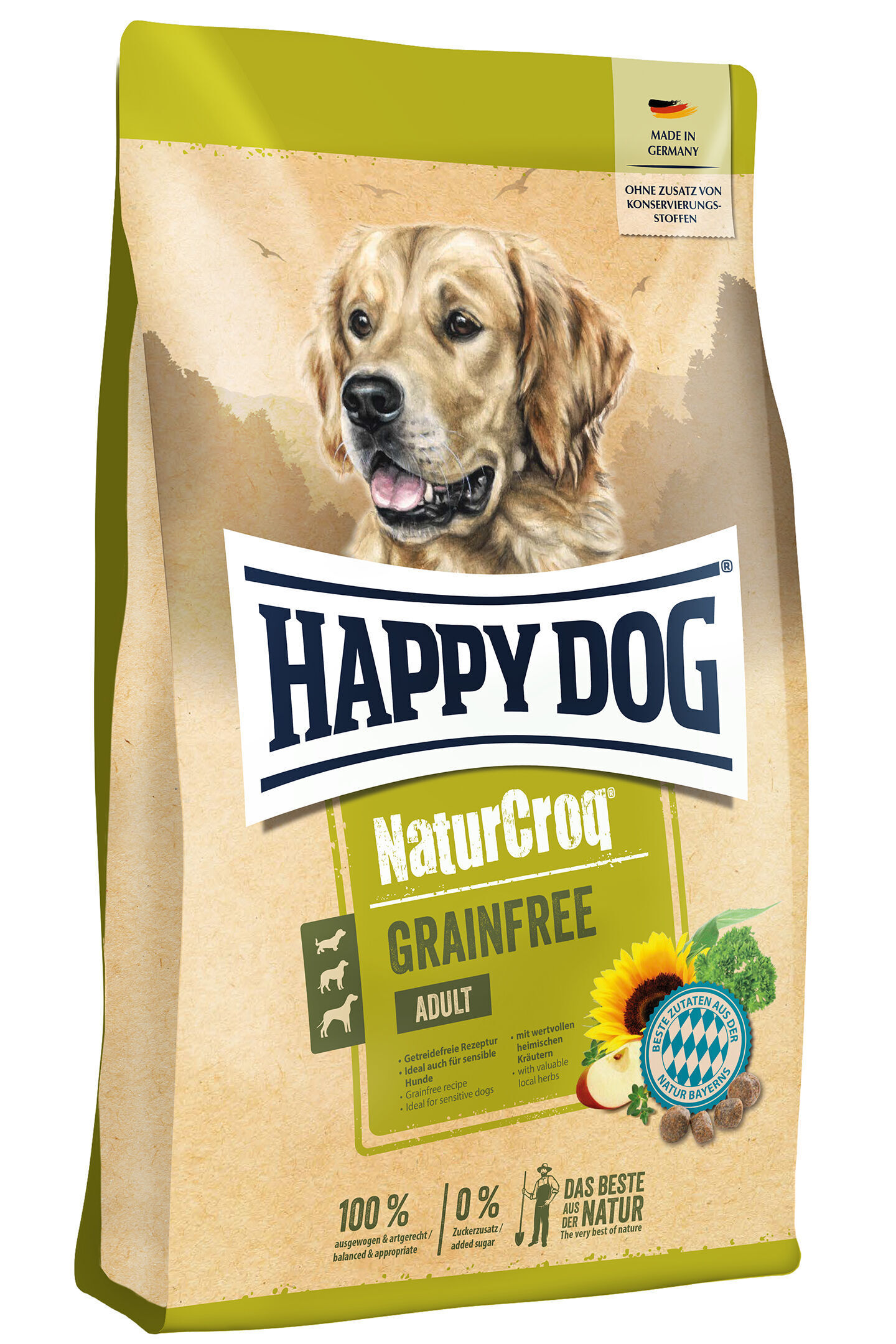 Eine Verpackung für Happy Dog Hundefutter, zeigt einen Hund und trägt die Aufschrift: „NaturCroq Grainfree Adult. Made in Germany. Ohne Zusatz von Konservierungsstoffen.“