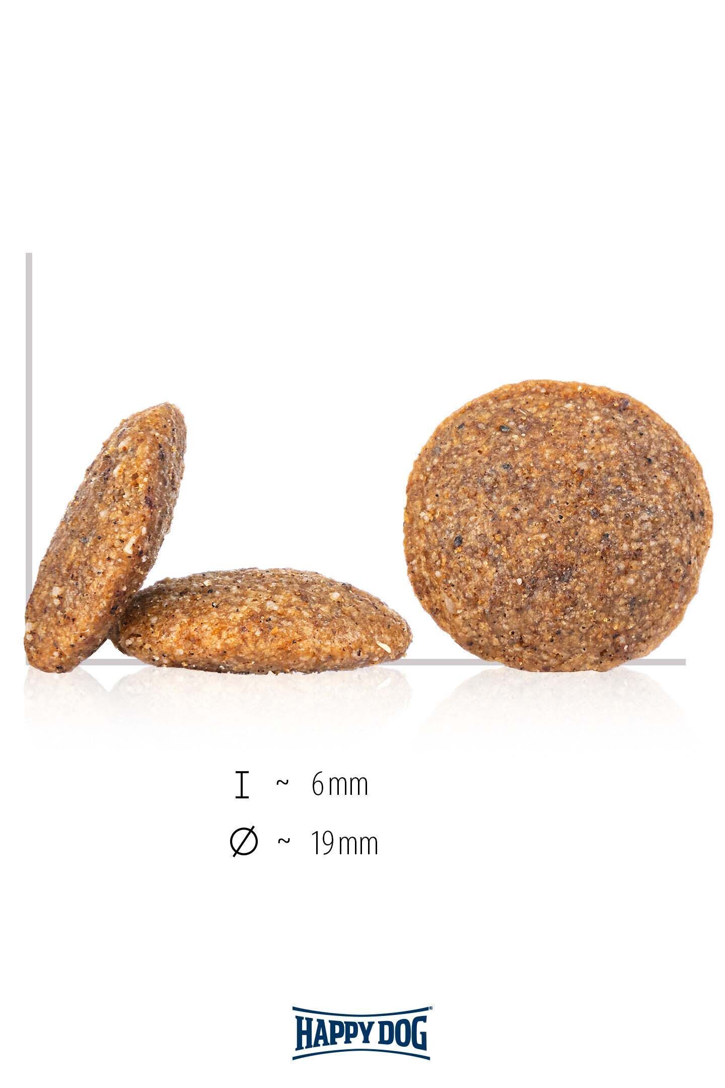 Drei runde Hundekekse von Happydog liegen nebeneinander. Text: „l ~ 6mm, Ø ~ 19mm“.