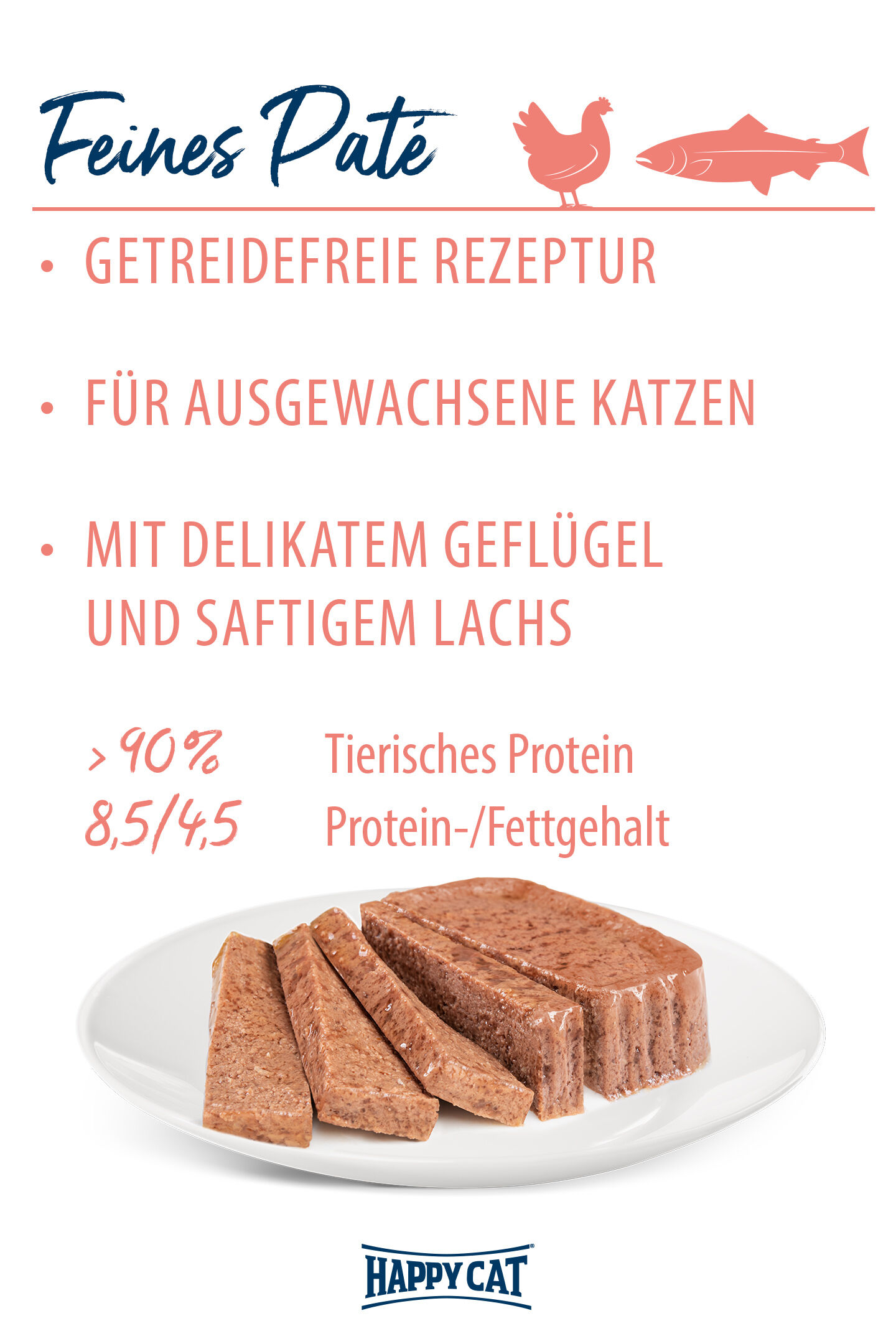 Paté mit Geflügel und Lachs; getreidefrei; für ausgewachsene Katzen. Enthält über 90% tierisches Protein; Protein-/Fettgehalt: 8,5/4,5. Marke: Happy Cat.