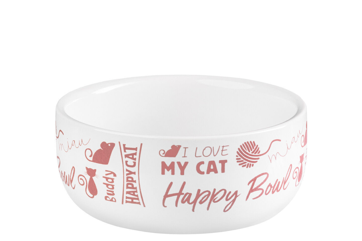 Keramik-Katzennapf Weiße Schüssel mit aufgedruckten roten Katzenmotiven und Texten wie "I love my cat", "Happy Cat", "Happy Bowl".