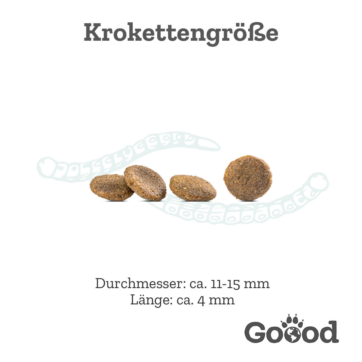 Drei runde Kroketten, Maße: Durchmesser ca. 19 mm, Länge ca. 8 mm, auf weißem Hintergrund. Text: "Kroettengröße" und "Goood".