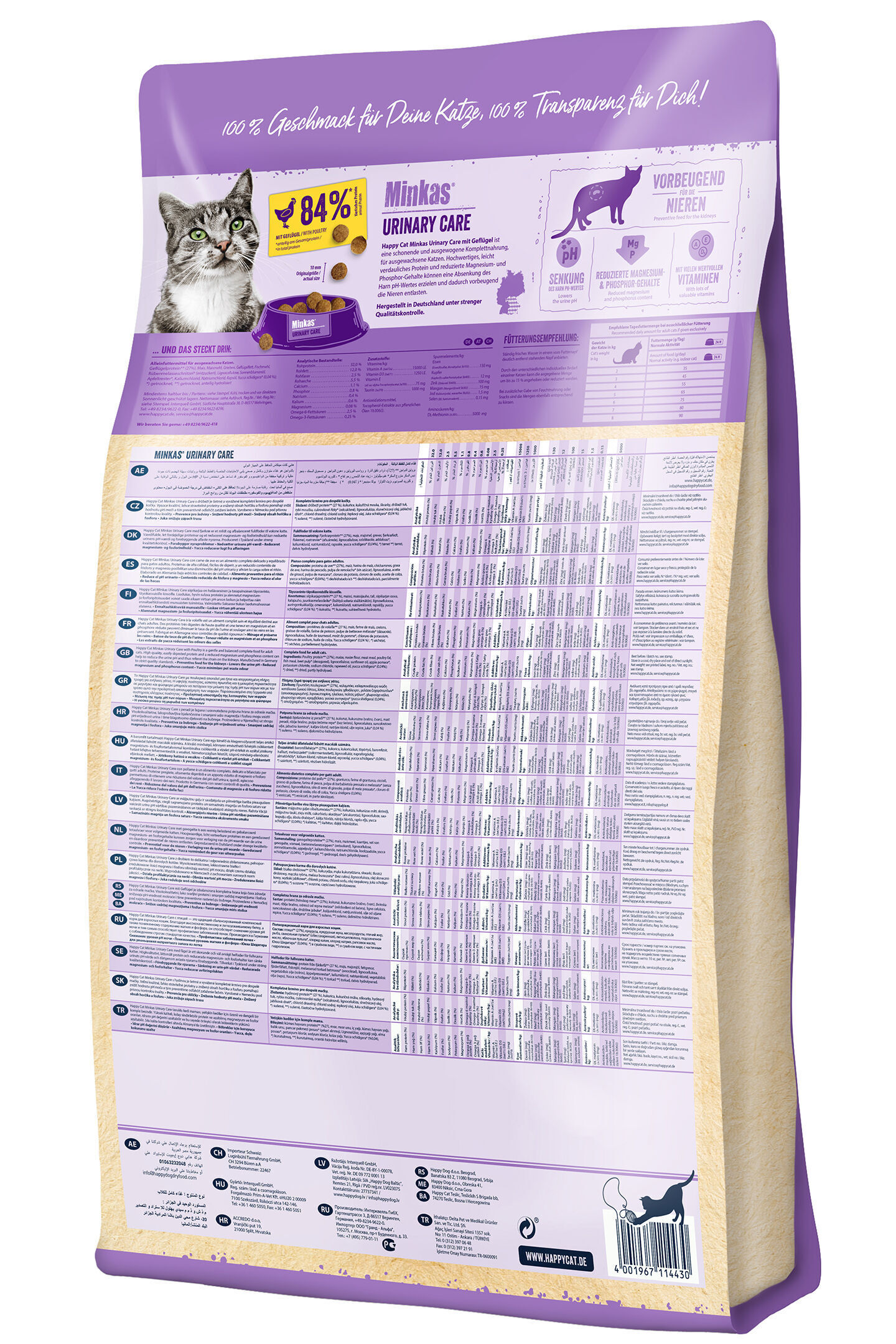 Verpackung von Happycat Minkas Urinary Care Katzenfutter mit lila Design und detaillierter Produktinformation. Enthält Text: "100% Geschmack für Deine Katze, 100% Transparenz für Dich!".