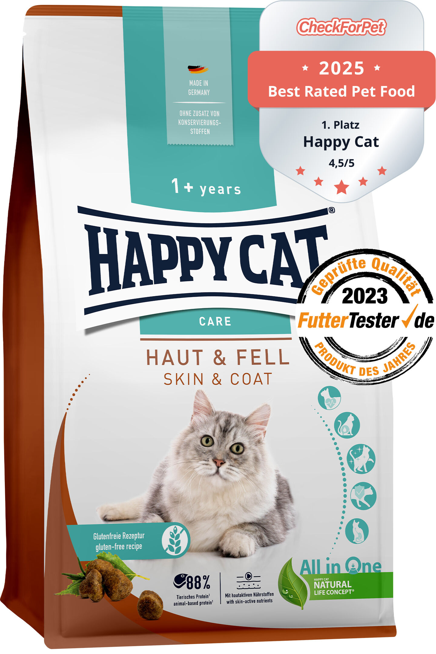 Katzenfutterverpackung von "Happy Cat" zeigt eine Katze, enthält Text wie „Haut & Fell“, „glutenfreie Rezeptur“, und Bewertungen als „Best Rated Pet Food 2023“ und „Produkt des Jahres“.