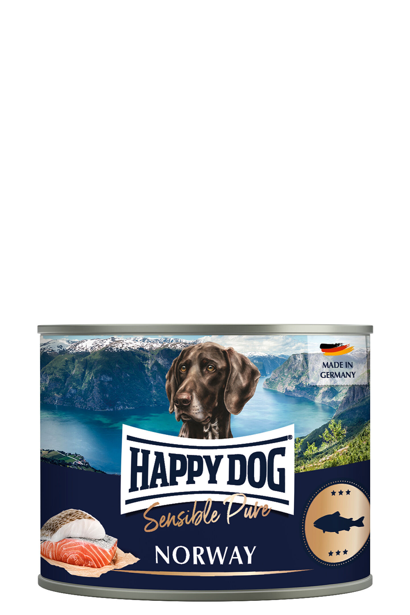Hundefutterdose mit Happy Dog-Logo. Enthält "Sensible Pure Norway", illustriert durch Fischbild und Landschaftsfoto. Text: "Made in Germany". Markenname: Happydog.