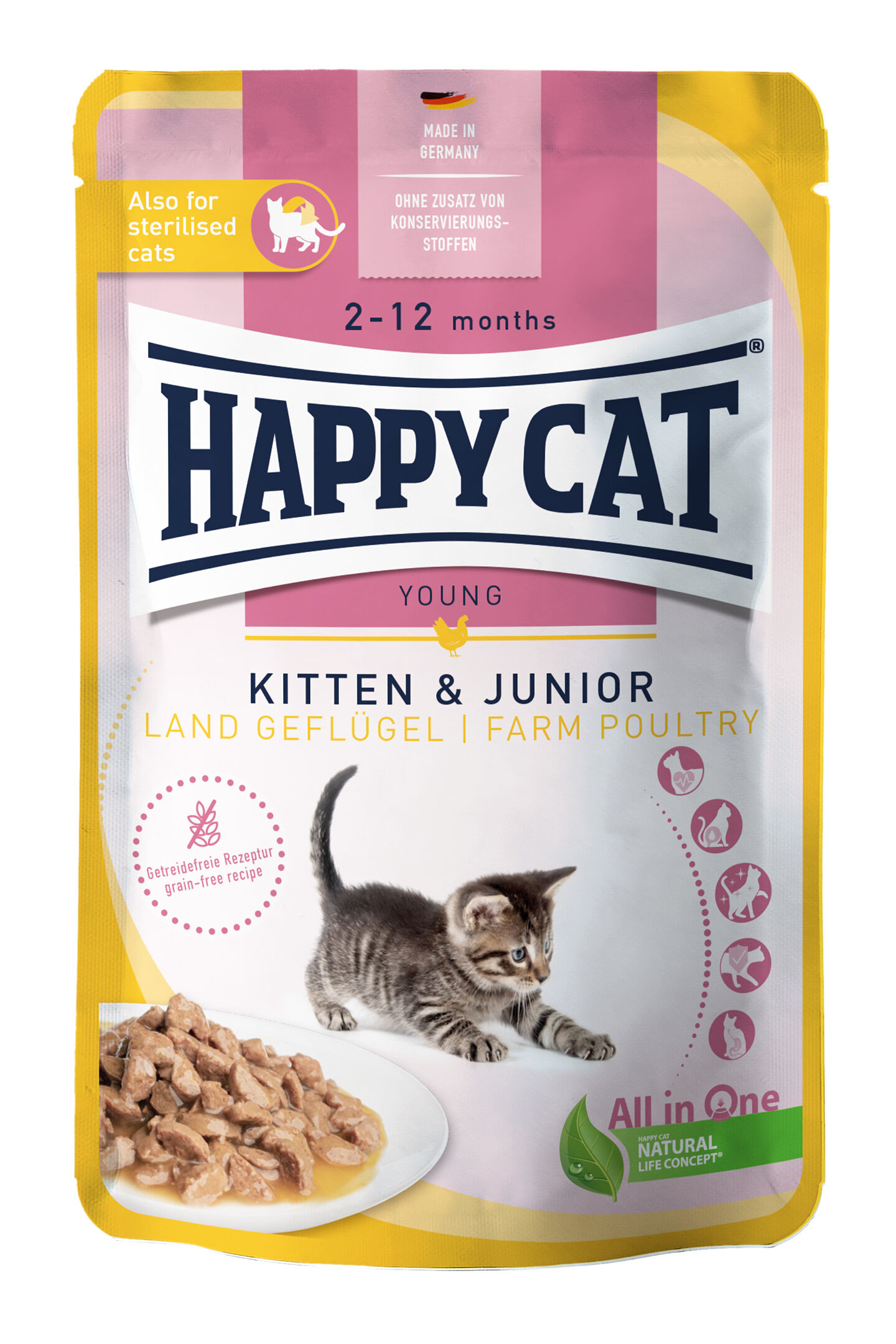 Meat in Sauce - Kitten & Junior Land-Geflügel Verpackung für Happy Cat Katzenfutter, speziell für junge Katzen, mit landwirtschaftlichem Geflügel, getreidefreie Rezeptur, geeignet für sterilisierte Katzen. Enthält Bild von Katzenfutter und spielendem Kätzchen.