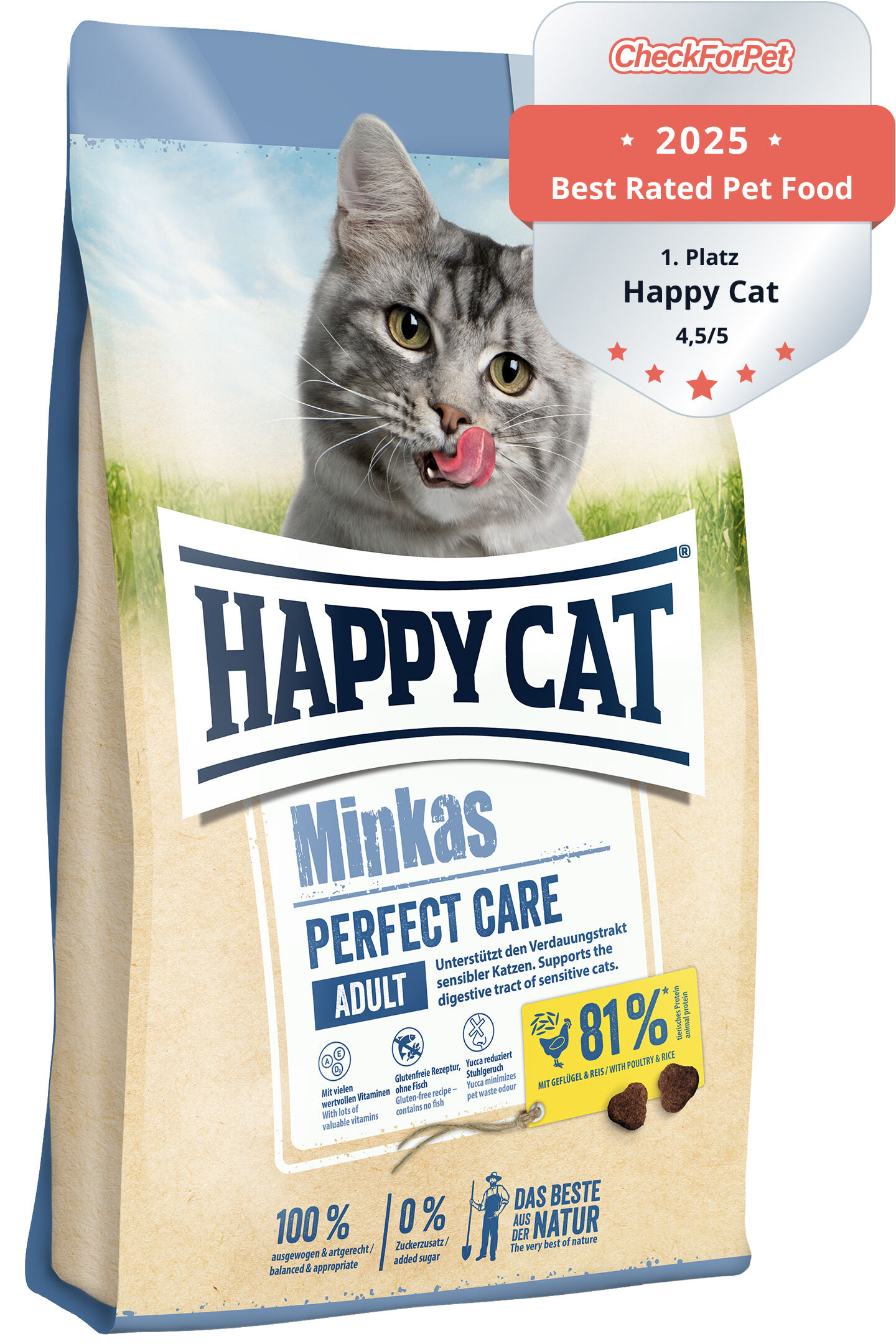 Eine Packung Katzenfutter „Happy Cat Minkas Perfect Care“ zeigt eine Katze, die sich die Lippen leckt. Text beschreibt Verdauungsunterstützung und glutenfreie Rezeptur. Label: „Best Rated Pet Food 4,7/5“.