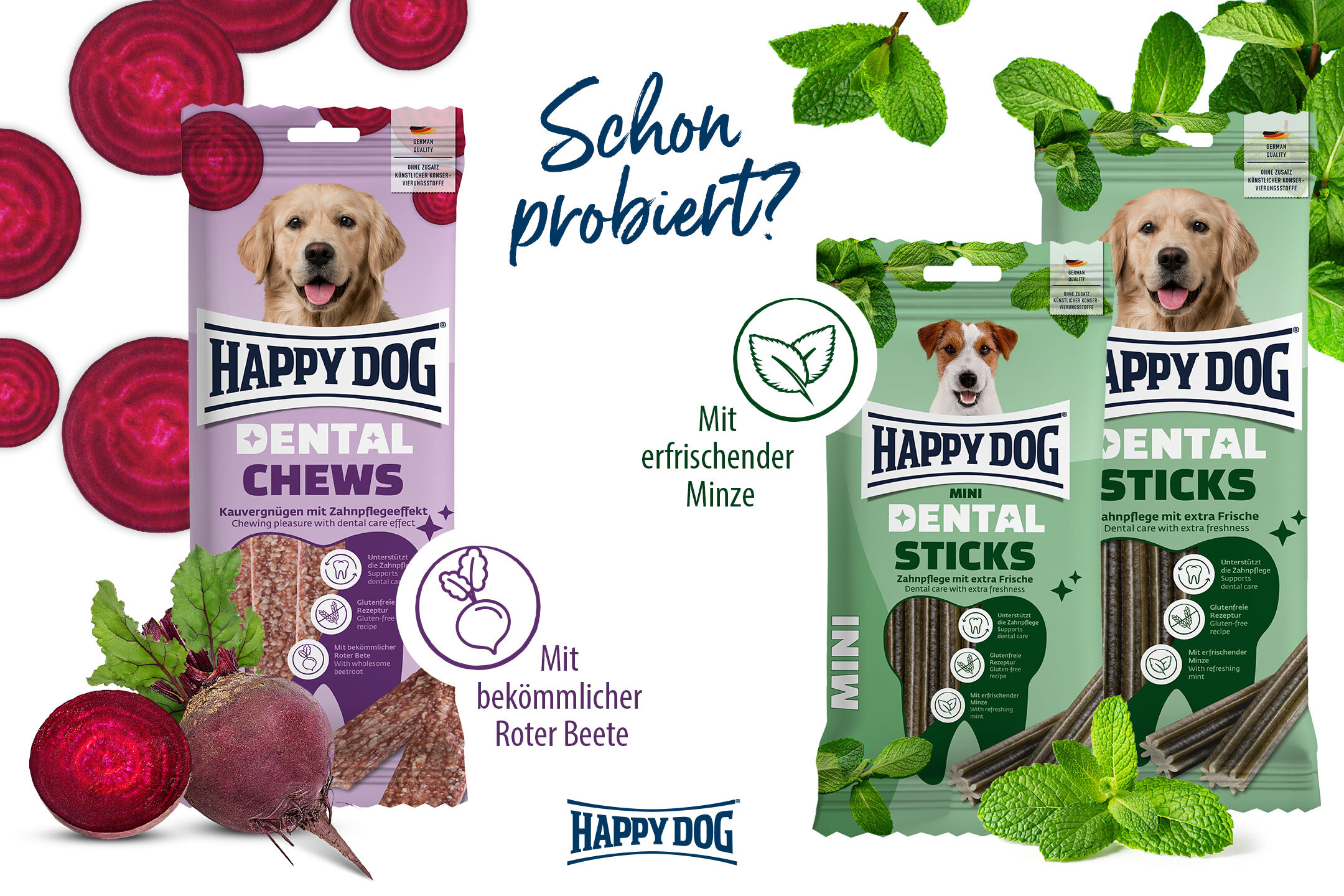 Präsentation der Dental Chews und Dental Sticks Kaustangen von Happy Dog mit Zahnpflegeeffekt für Hunde