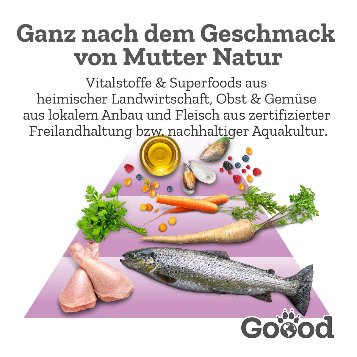 Eine Vielzahl von Lebensmitteln, darunter Lachs, Hähnchenkeulen, Gemüse und Obst, umgeben von Text. Text: "Ganz nach dem Geschmack von Mutter Natur... nachhaltiger Aquakultur." Logo: "Goood".