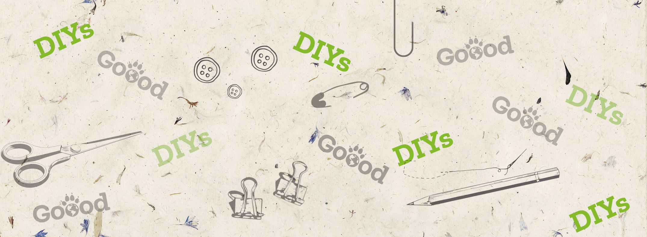 DIY Die Worte DIYs und Goood sowie eine Schere, Klammern und Knöpfe sind auf einem ökologischen Hintergrund dargestellt.